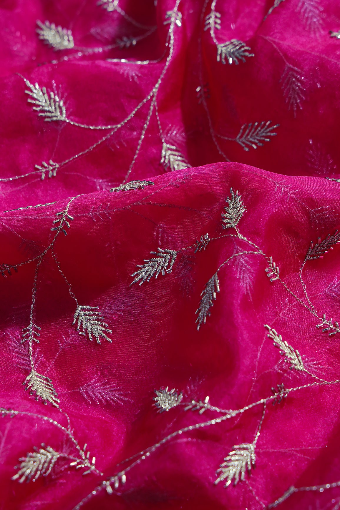 Gold Zari With Beads Leafy Embroidery Work On Rani Organza Fabric