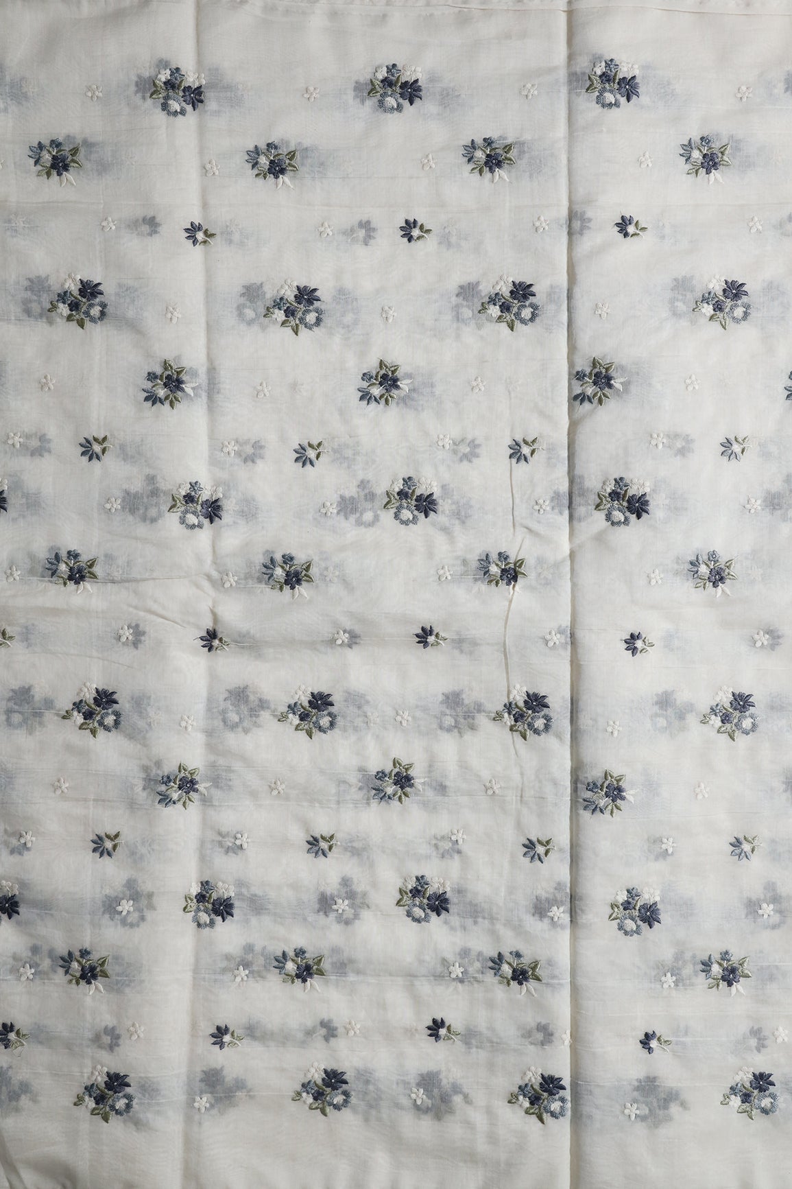 Dark Blue And Olive Beautiful Floral Embroidery On Pure Mul Chanderi Silk Fabric