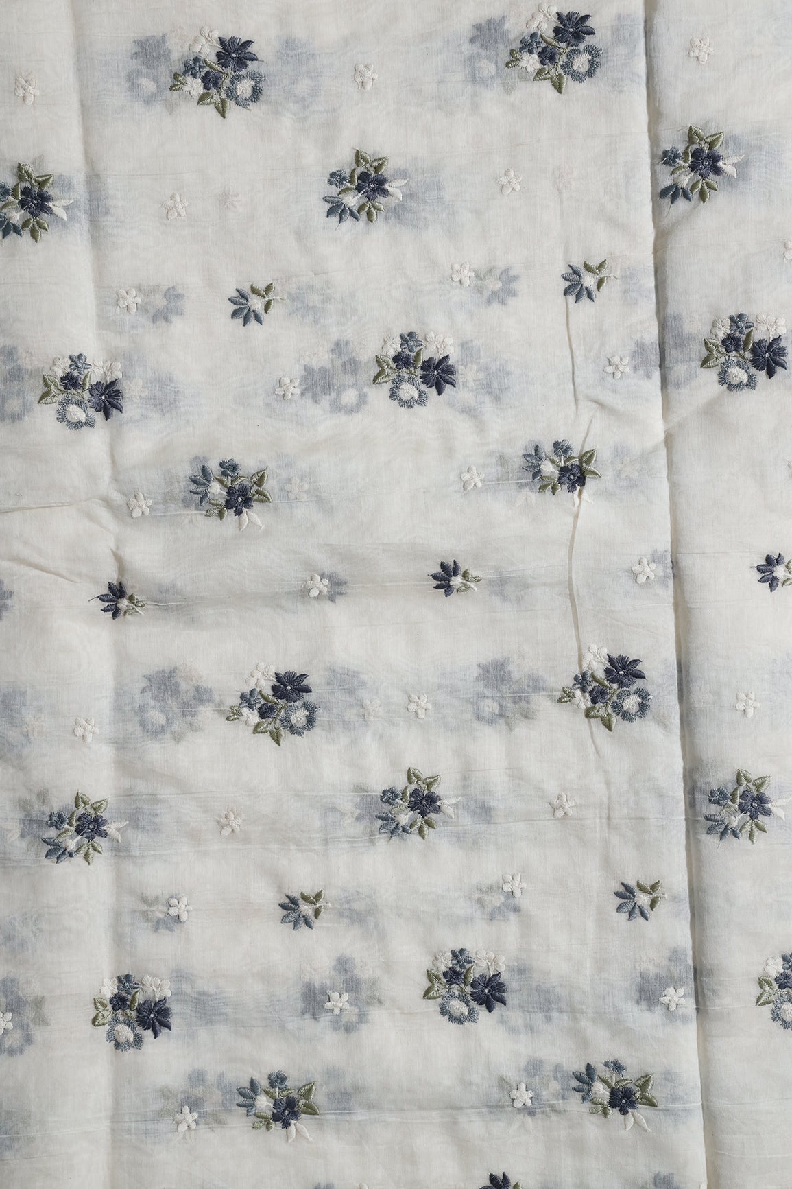 Dark Blue And Olive Beautiful Floral Embroidery On Pure Mul Chanderi Silk Fabric
