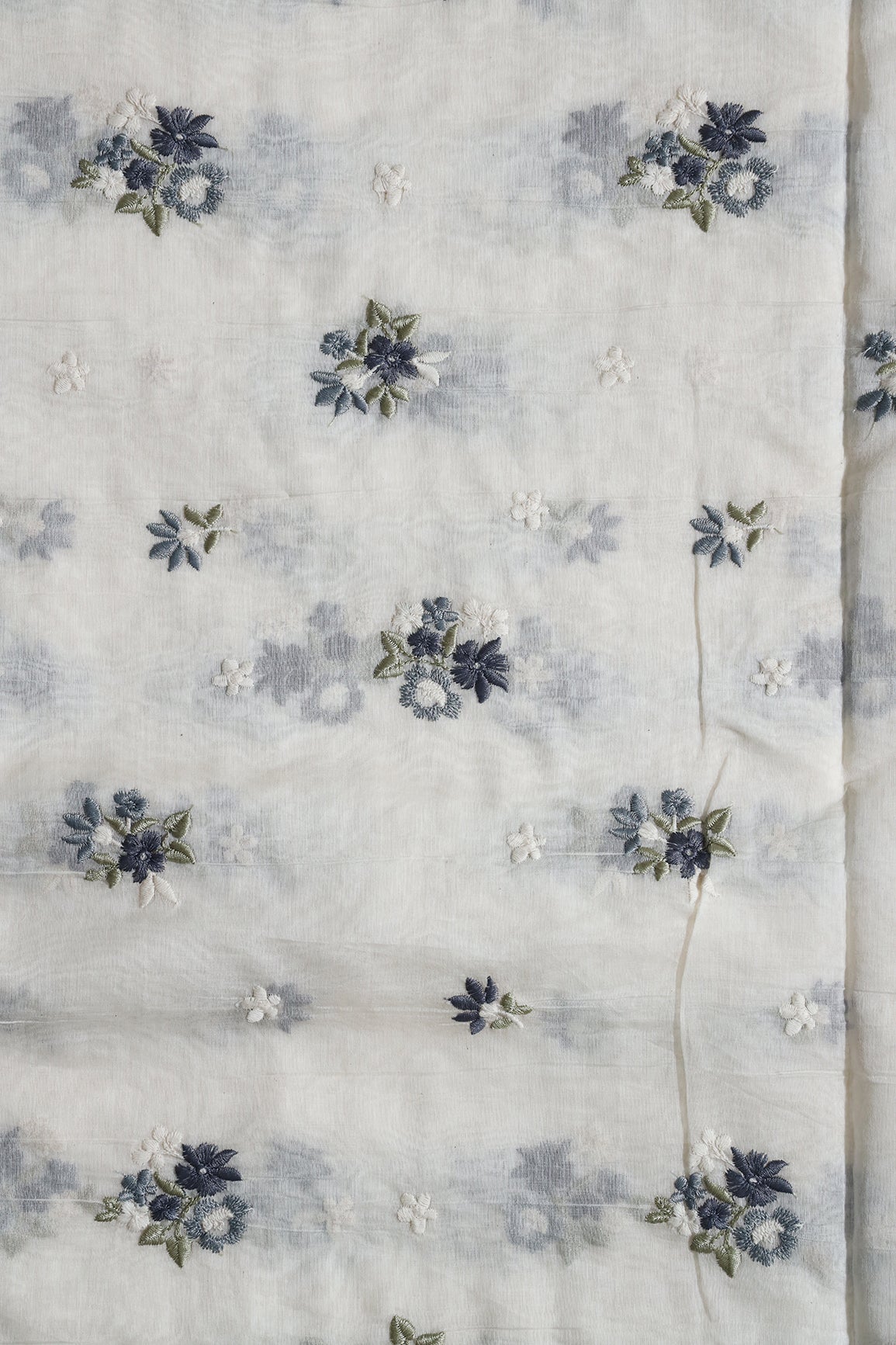 Dark Blue And Olive Beautiful Floral Embroidery On Pure Mul Chanderi Silk Fabric