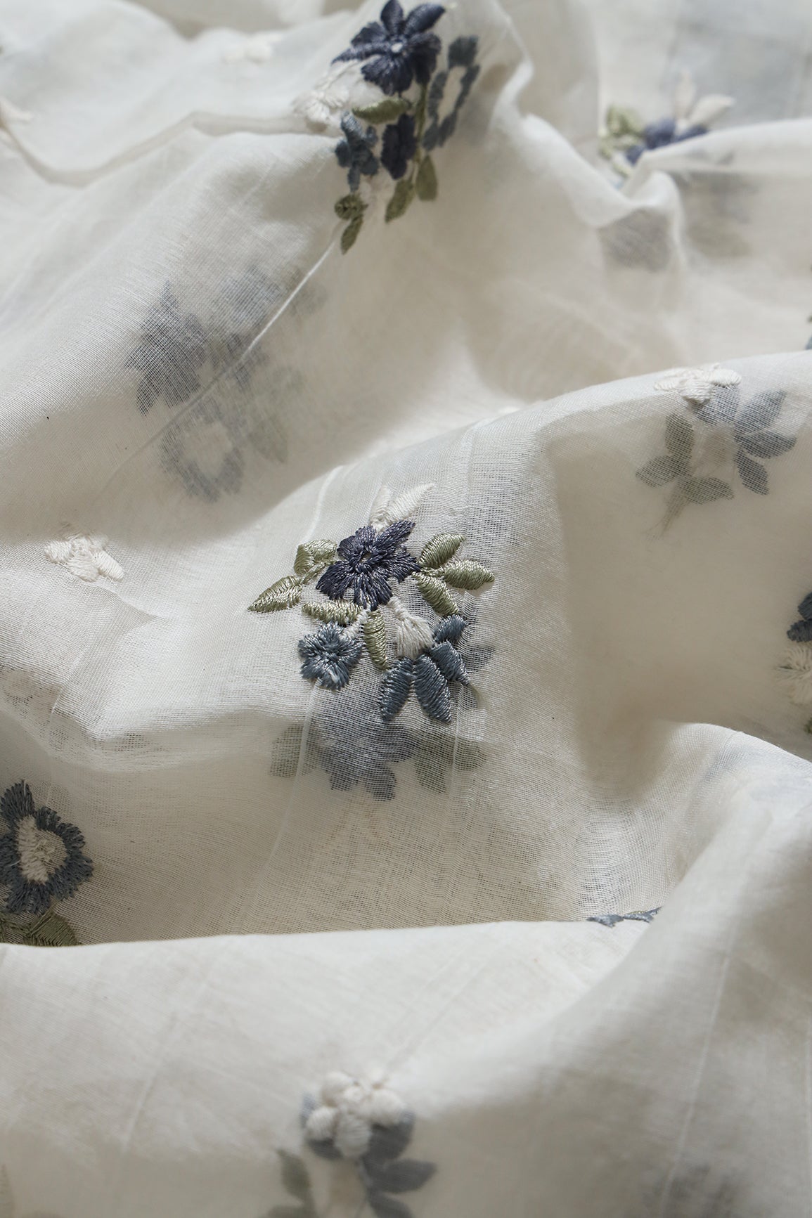 Dark Blue And Olive Beautiful Floral Embroidery On Pure Mul Chanderi Silk Fabric