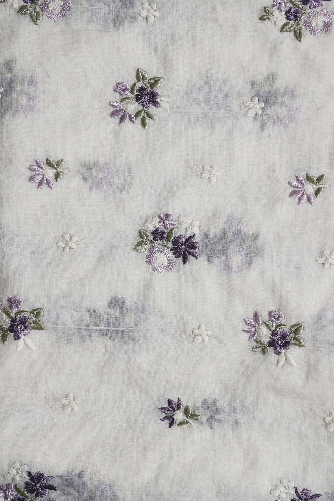 Purple and Lilac Beautiful Floral Embroidery On Pure Mul Chanderi Silk Fabric