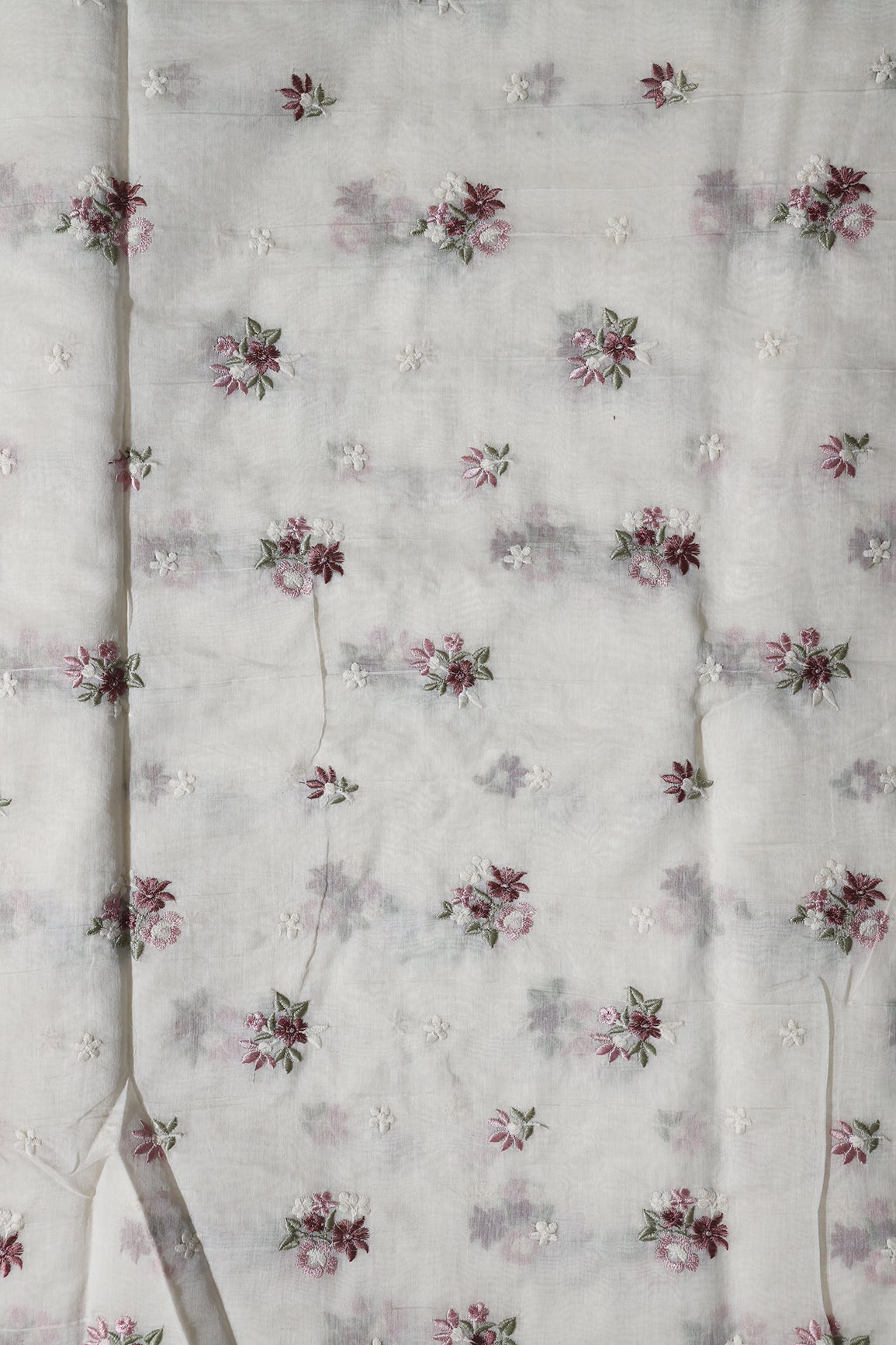 Mauve and Olive Beautiful Floral Embroidery On Pure Mul Chanderi Silk Fabric