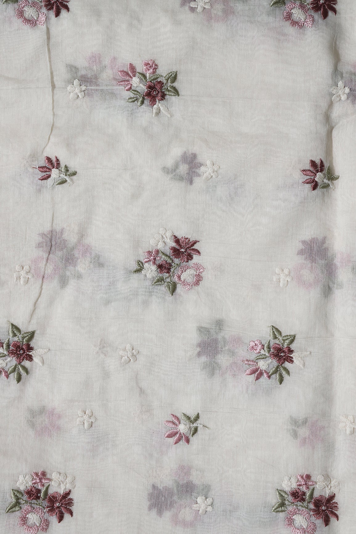 Mauve and Olive Beautiful Floral Embroidery On Pure Mul Chanderi Silk Fabric