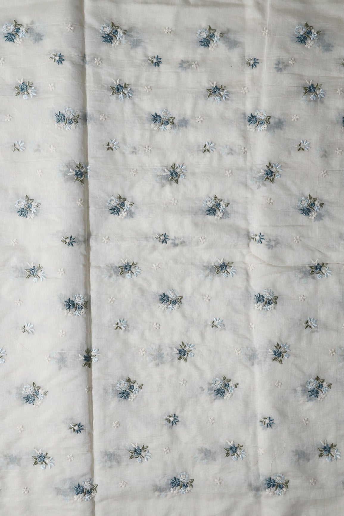 Sky Blue and Olive Beautiful Floral Embroidery On Pure Mul Chanderi Silk Fabric