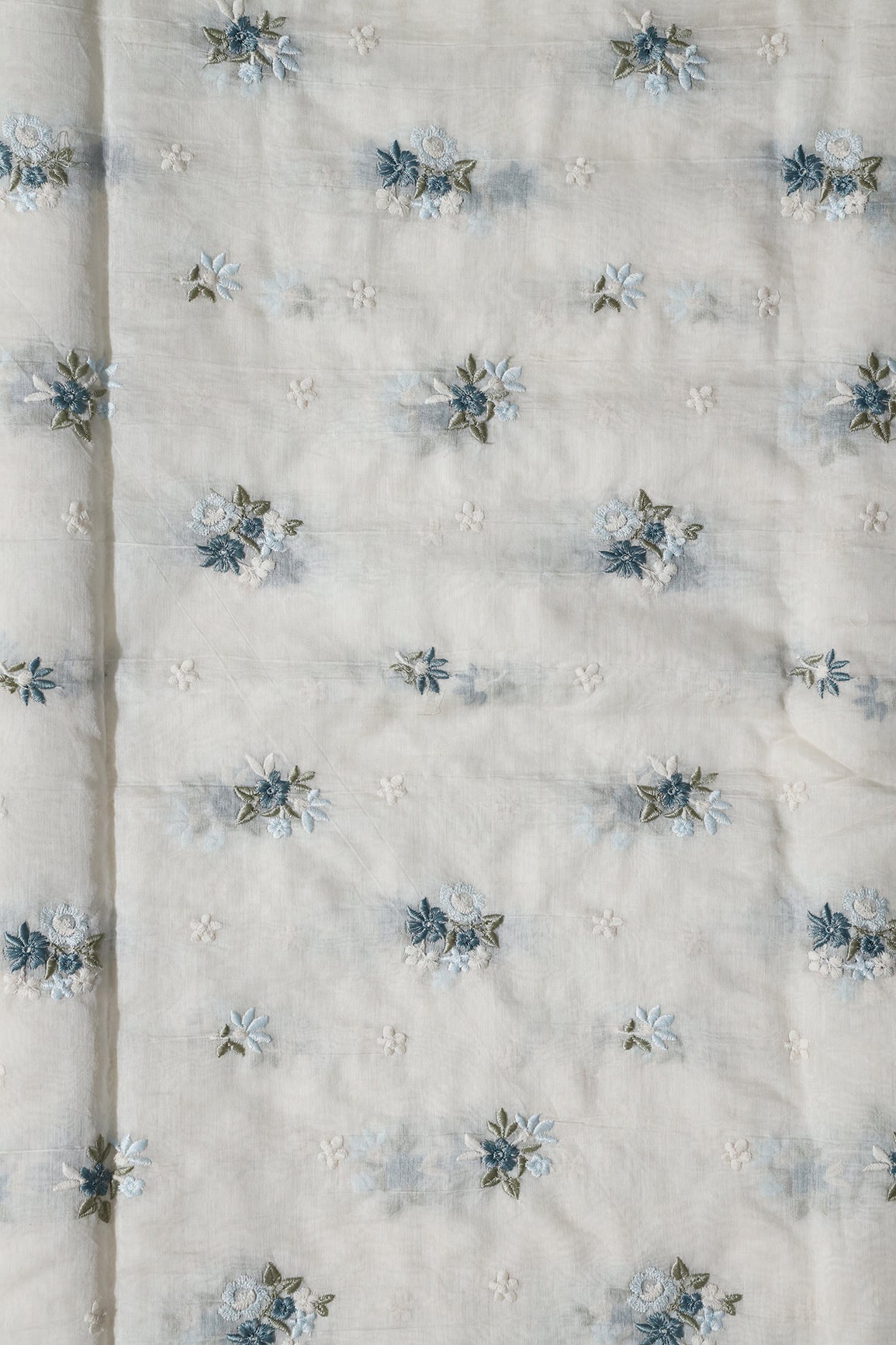 Sky Blue and Olive Beautiful Floral Embroidery On Pure Mul Chanderi Silk Fabric