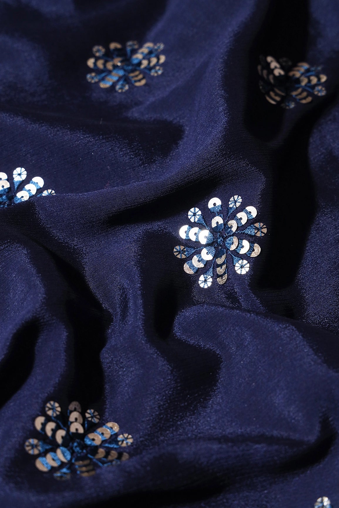 Blue Thread With Gold Sequins Floral Butta Embroidery Work On Navy Blue Chinnon Chiffon Fabric