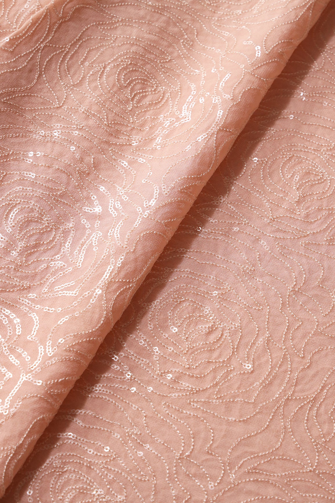 Water Sequins Floral Heavy Embroidery On Peach Viscose Georgette Fabric