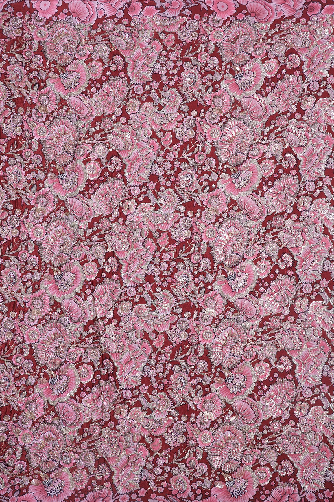 Heavy Beads With Sequins Floral Positional Print On Maroon Pure Natural Crepe Fabric