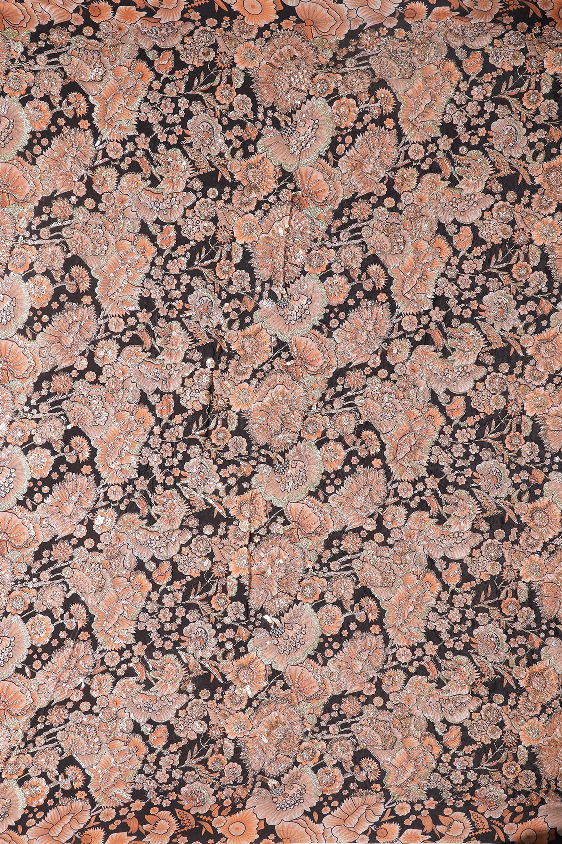 Heavy Beads With Sequins Floral Positional Print On Black Pure Natural Crepe Fabric