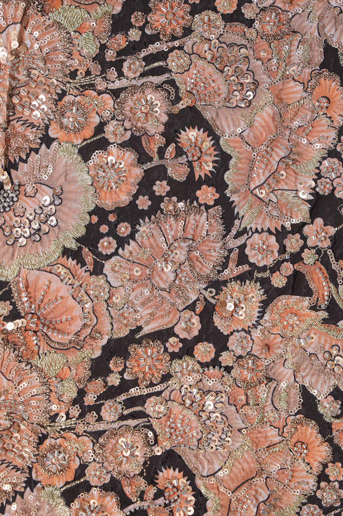 Heavy Beads With Sequins Floral Positional Print On Black Pure Natural Crepe Fabric