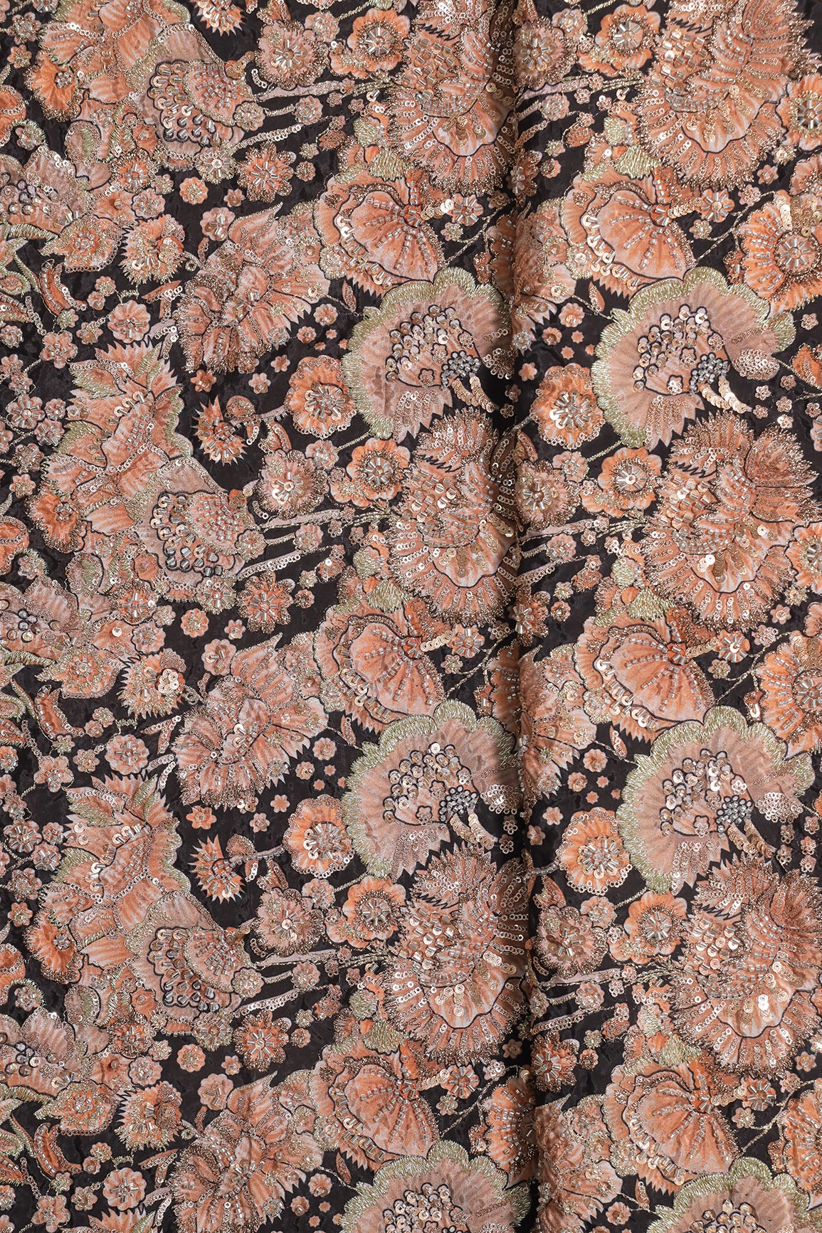Heavy Beads With Sequins Floral Positional Print On Black Pure Natural Crepe Fabric
