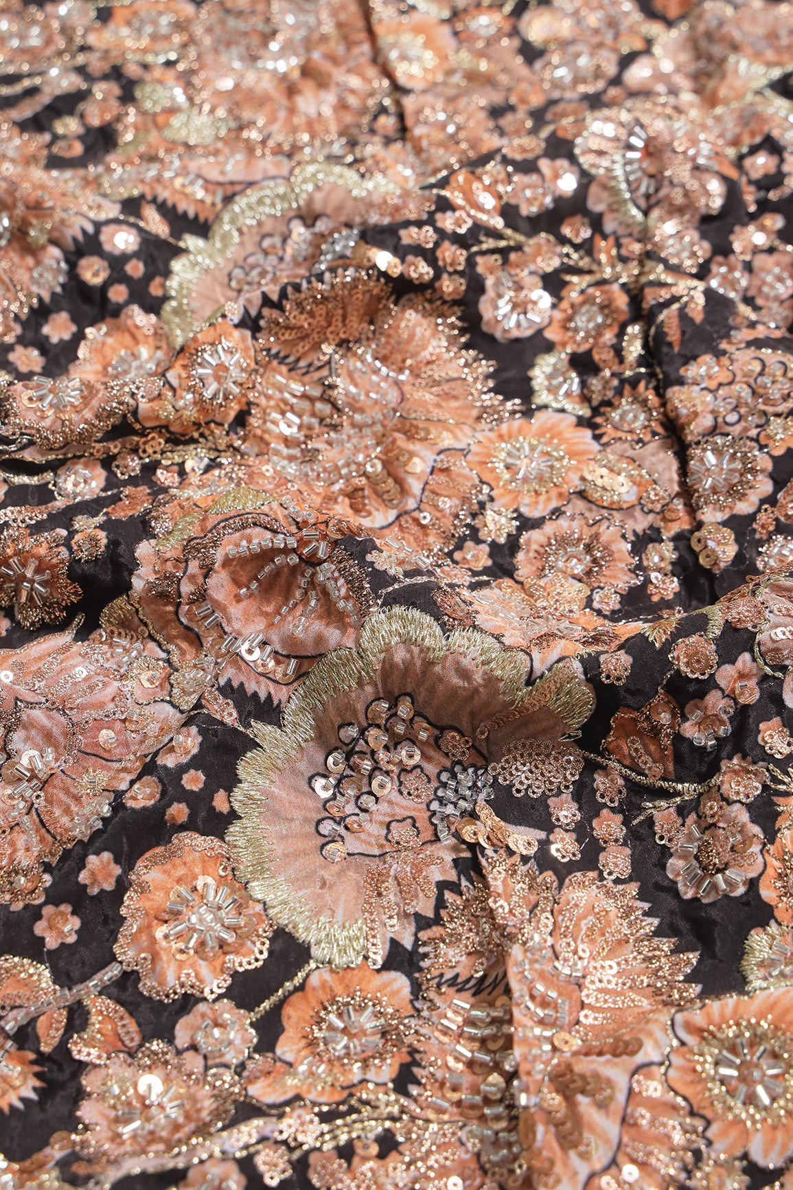 Heavy Beads With Sequins Floral Positional Print On Black Pure Natural Crepe Fabric