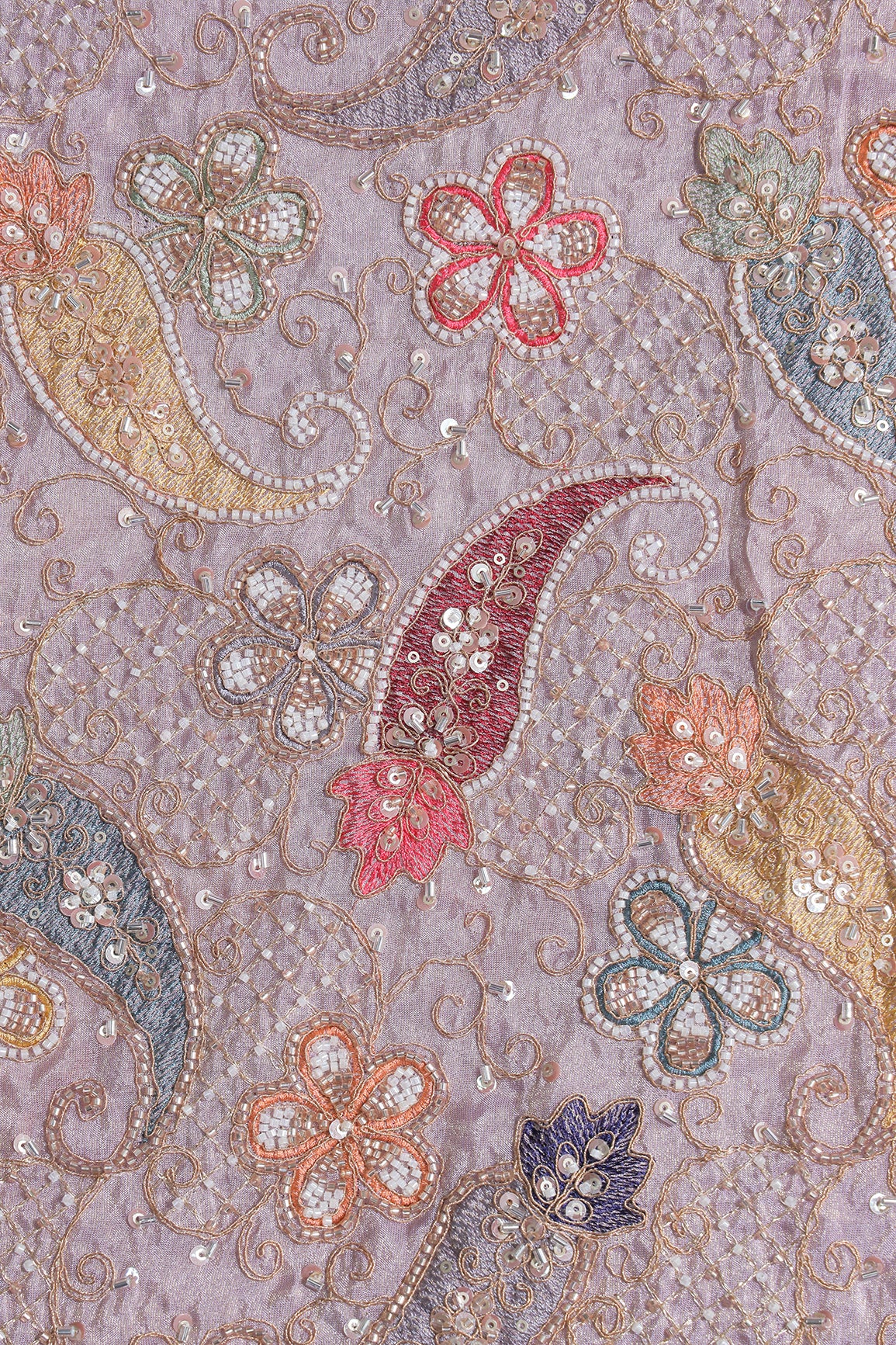 Heavy Original Beads Embroidery With Sequin Zari & Multi Thread Embroidery Work on Lavender Viscose Zari Tissue Fabric