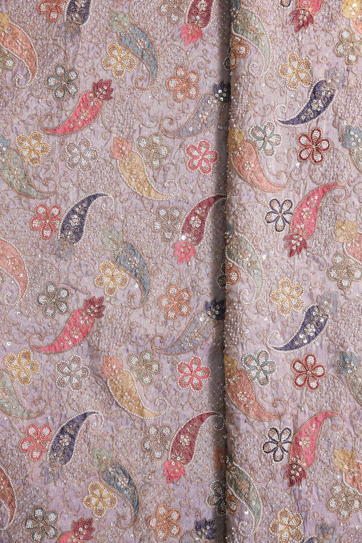 Heavy Original Beads Embroidery With Sequin Zari & Multi Thread Embroidery Work on Lavender Viscose Zari Tissue Fabric