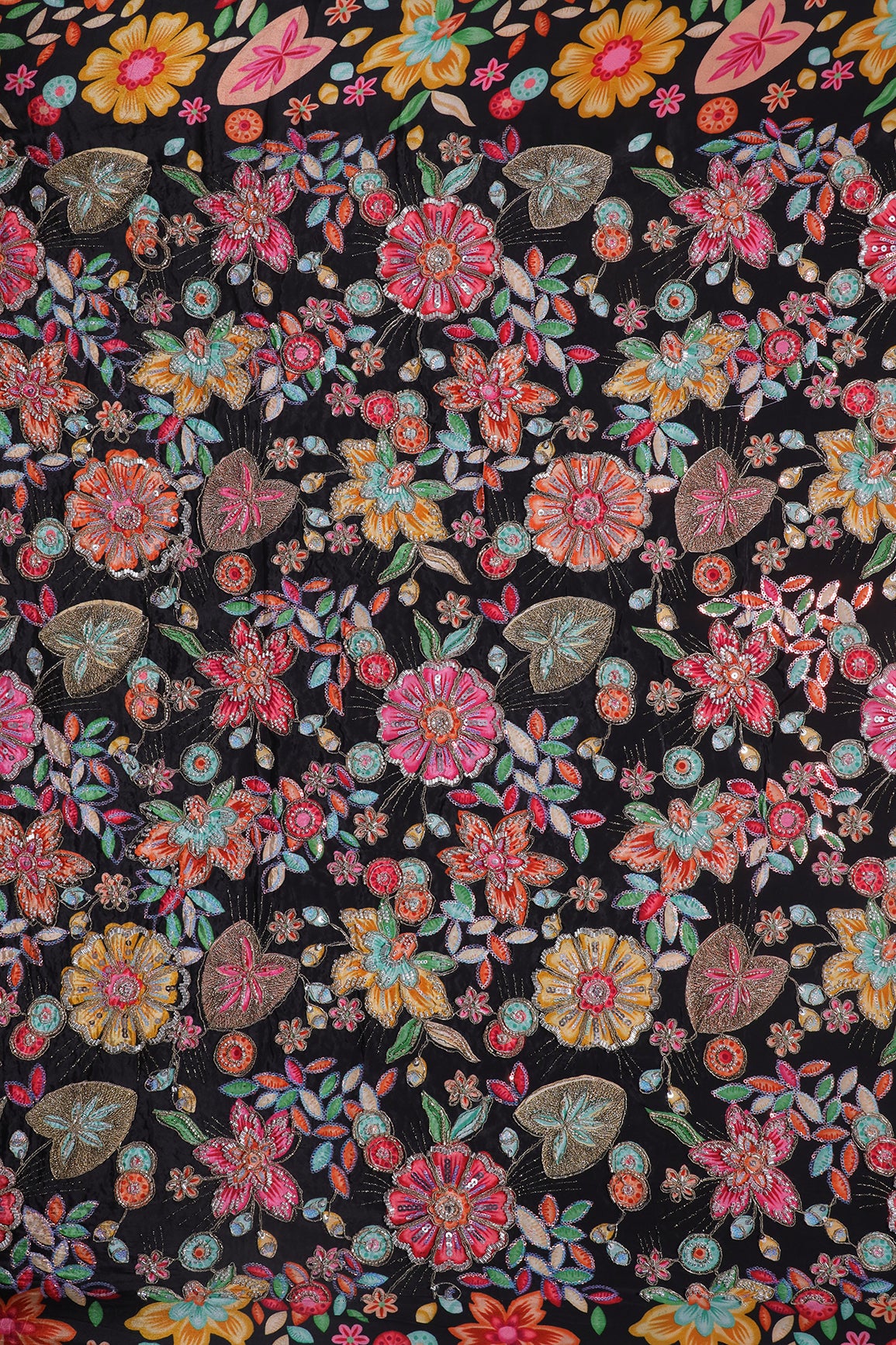 Heavy Beads With Zari And Sequins Floral Positional Print On Black Pure Natural Crepe Fabric
