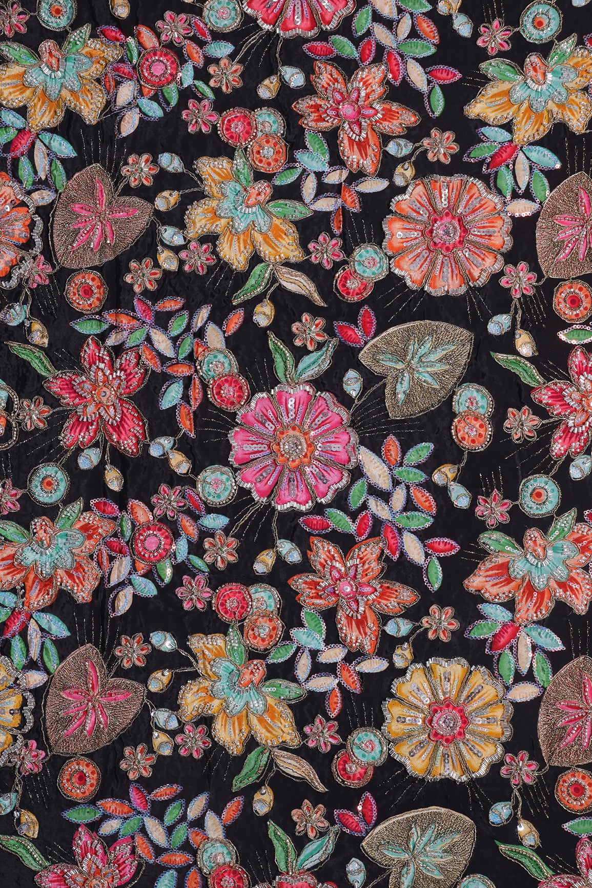 Heavy Beads With Zari And Sequins Floral Positional Print On Black Pure Natural Crepe Fabric