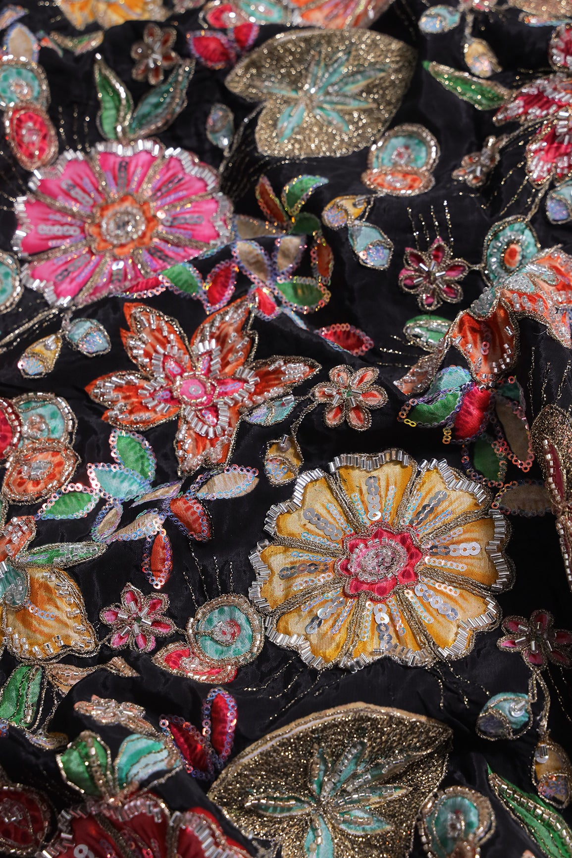 Heavy Beads With Zari And Sequins Floral Positional Print On Black Pure Natural Crepe Fabric