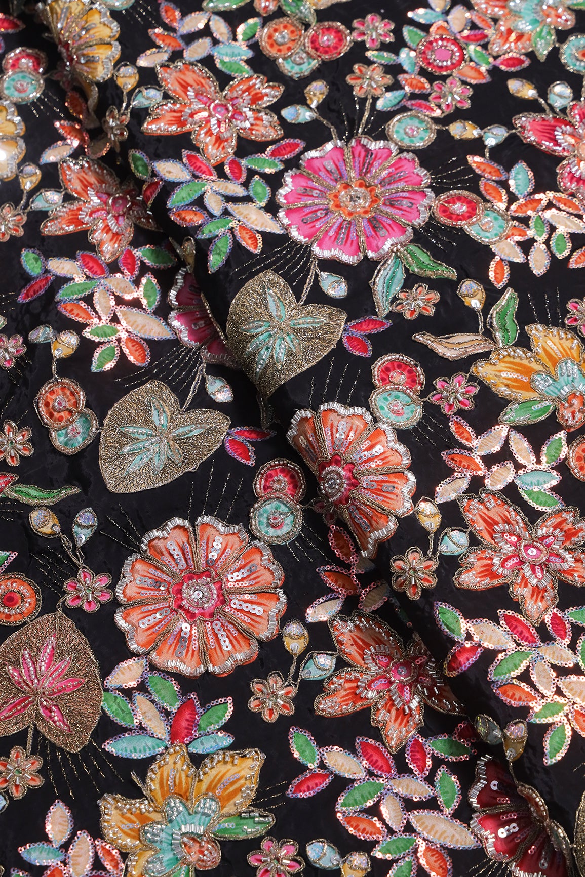 Heavy Beads With Zari And Sequins Floral Positional Print On Black Pure Natural Crepe Fabric