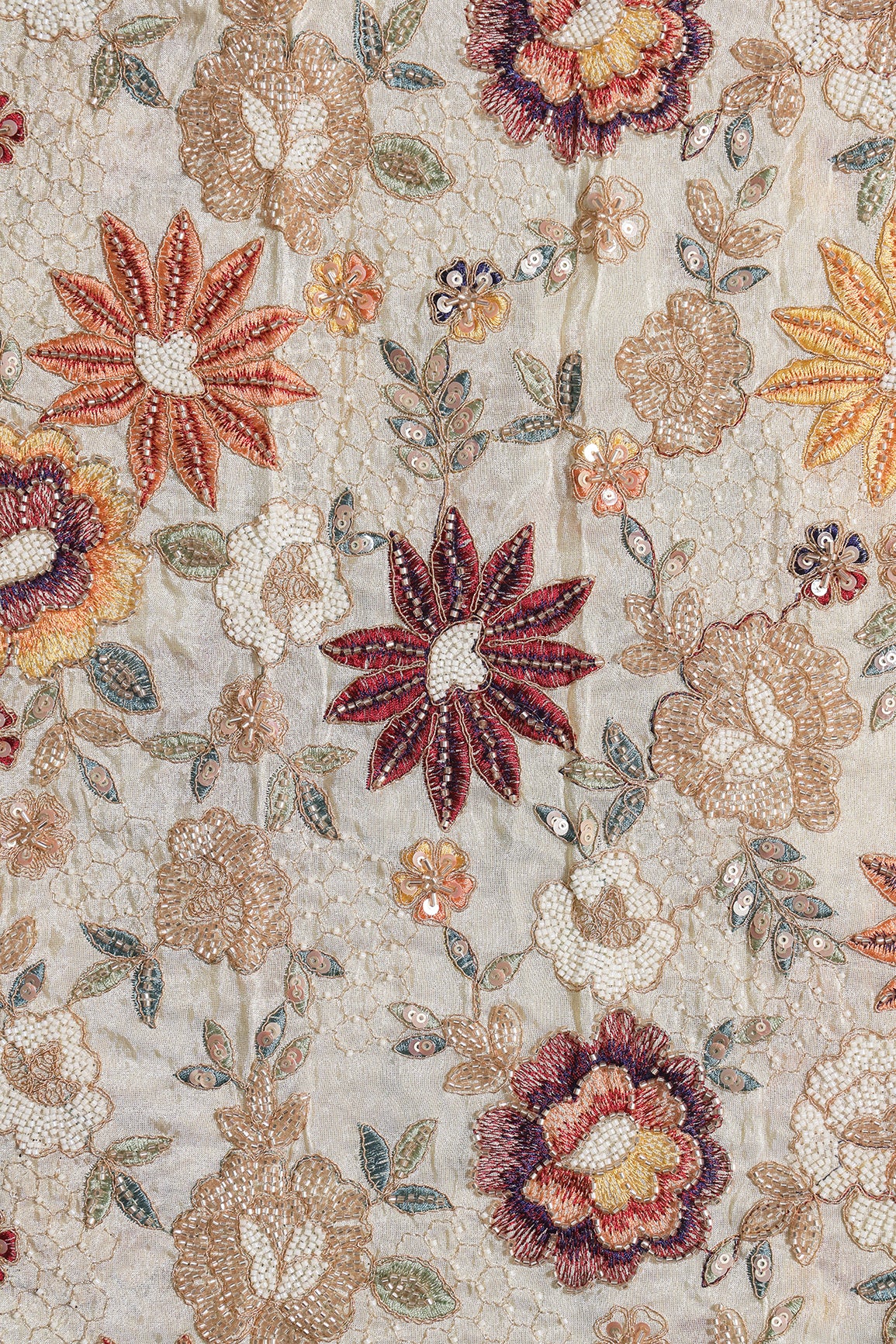 Heavy Original Beads Embroidery With Sequins Zari & Multi Thread Embroidery Work on Off White Viscose Zari Tissue Fabric
