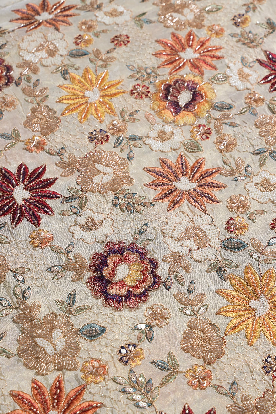 Heavy Original Beads Embroidery With Sequins Zari & Multi Thread Embroidery Work on Off White Viscose Zari Tissue Fabric