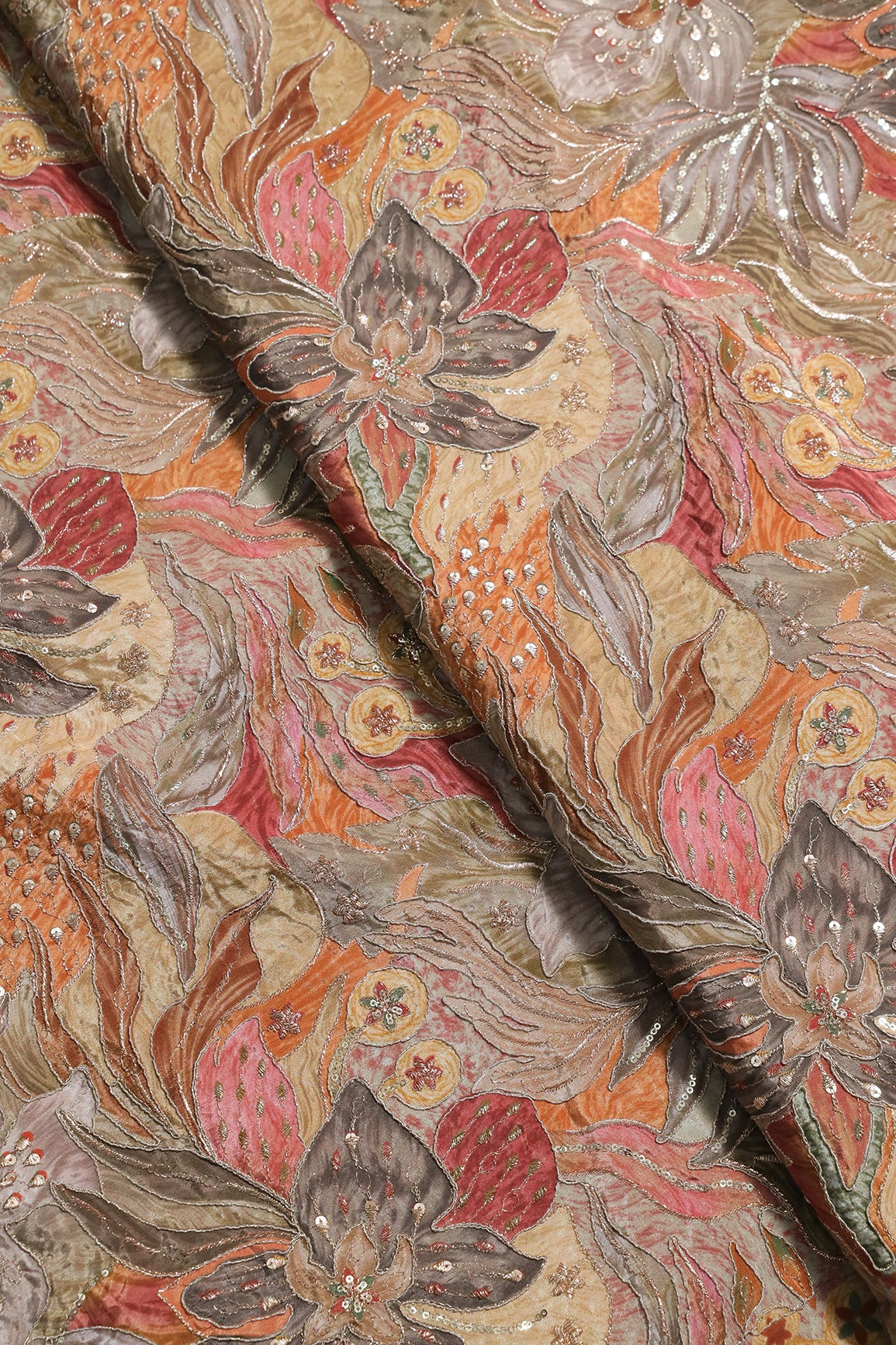 Flowy Embroidery With Zari And Sequins Floral Positional Print On Coco Pure Crepe Fabric