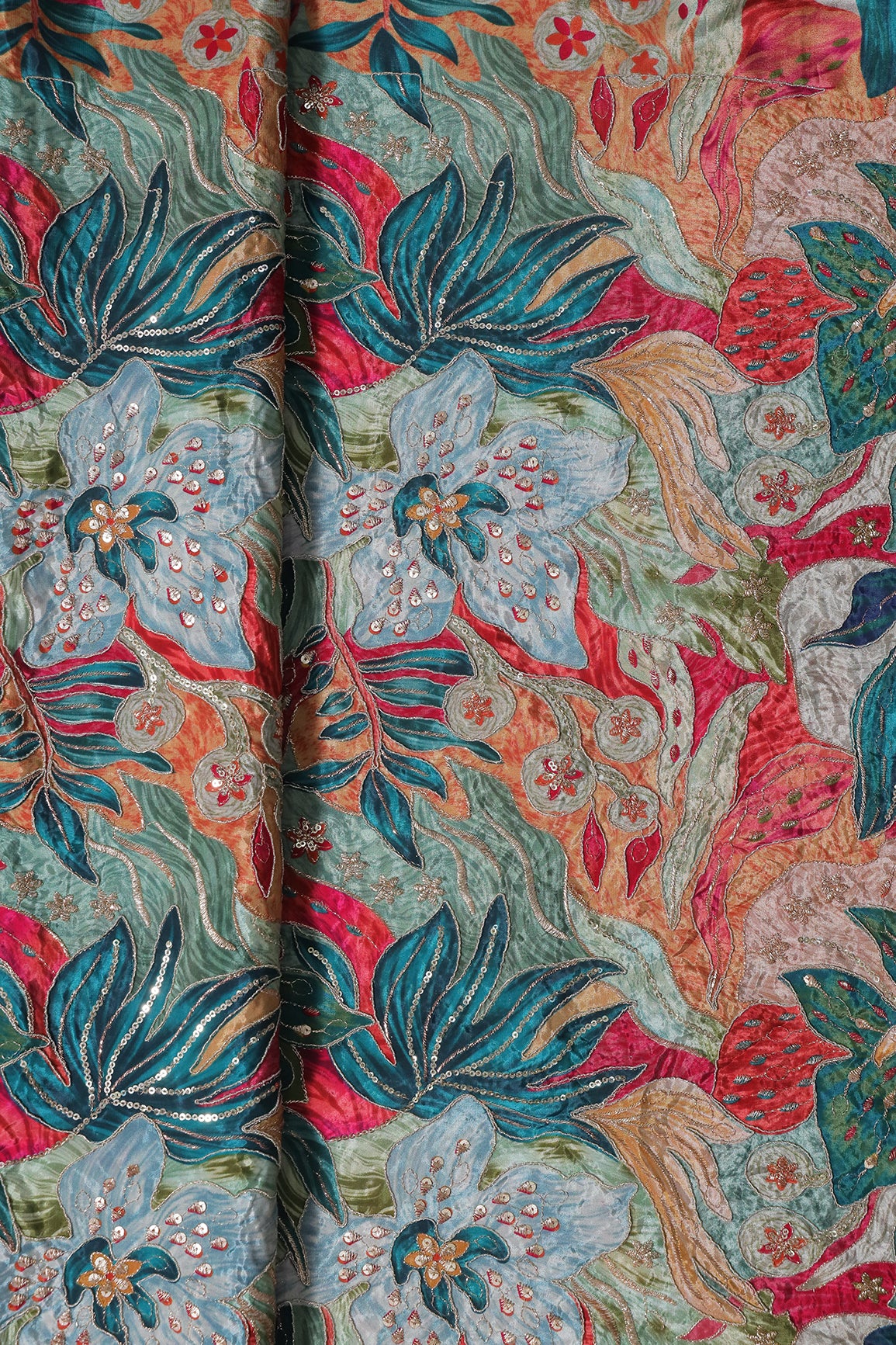 Flowy Embroidery With Zari And Sequins Floral Positional Print On Rama Pure Crepe Fabric