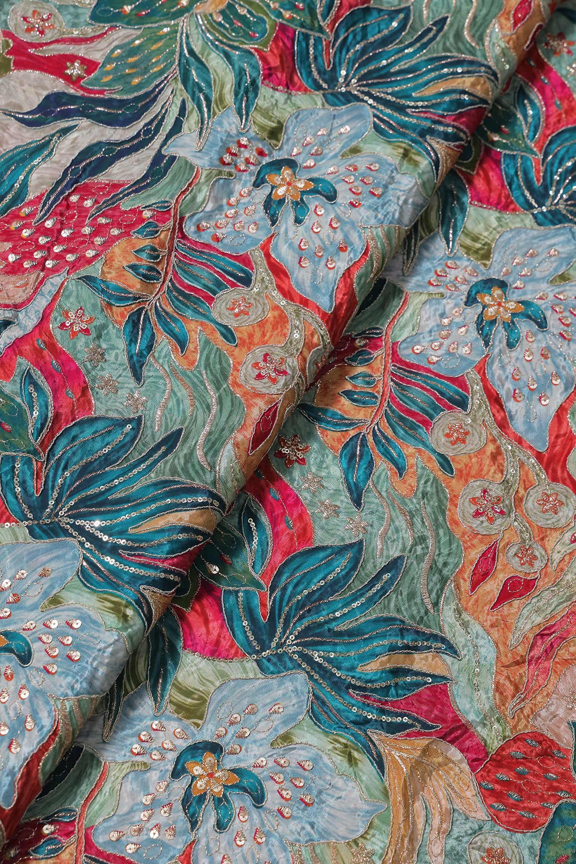 Flowy Embroidery With Zari And Sequins Floral Positional Print On Rama Pure Crepe Fabric