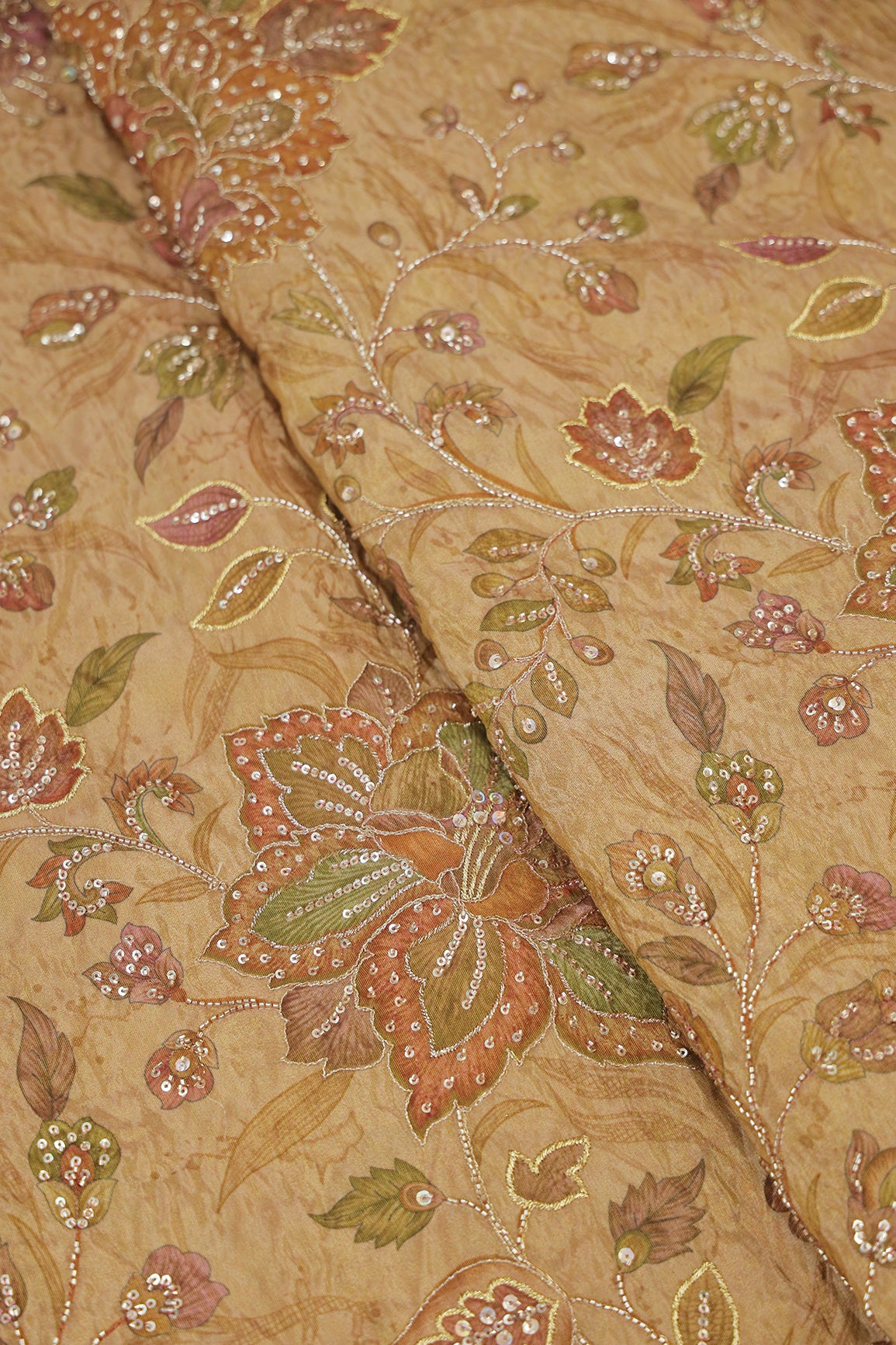 Big Width Floral Positional Print With Beads, Sequins and Zari Embroidery Work On Rust Viscose Zari Tissue Fabric