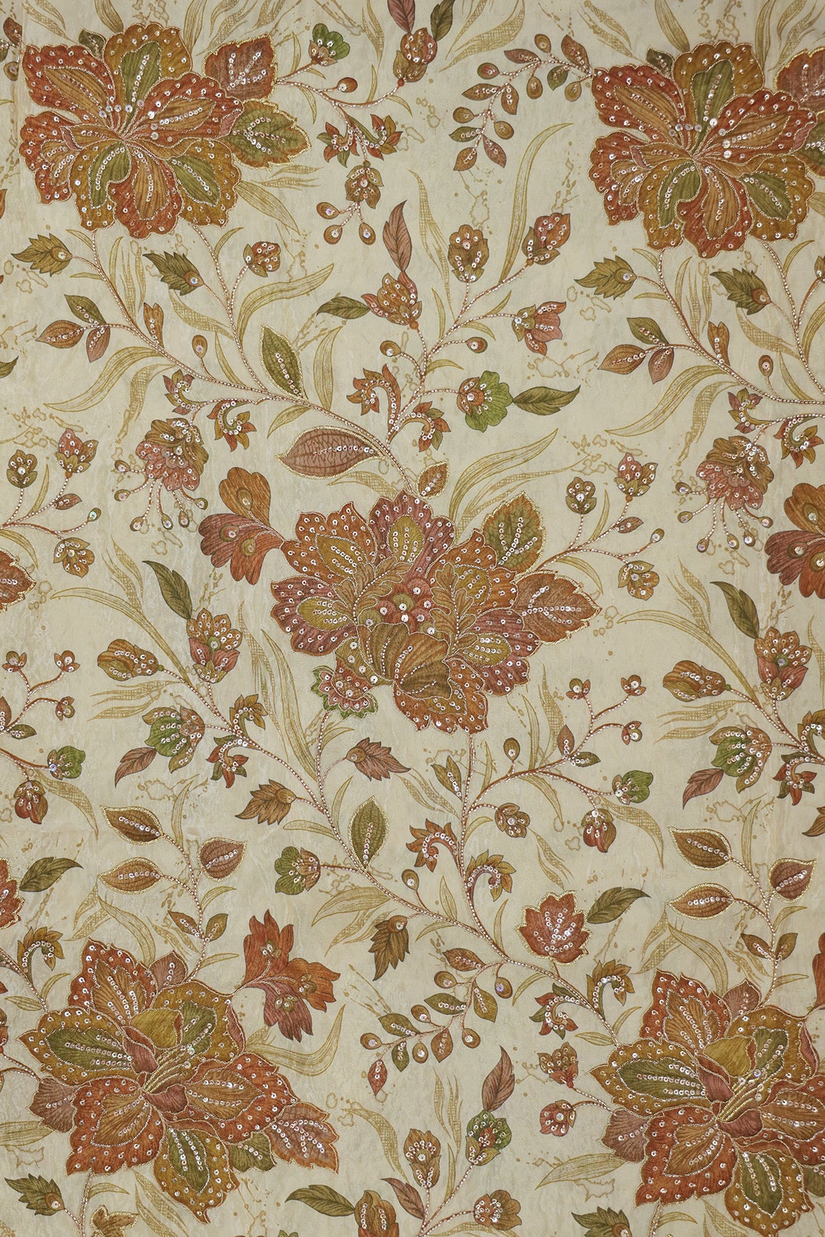 Big Width Floral Positional Print With Beads, Sequins and Zari Embroidery Work On Beige Viscose Zari Tissue Fabric