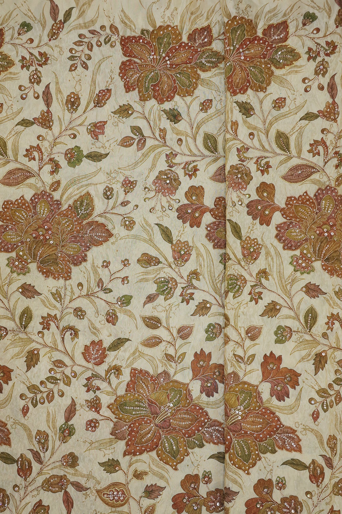 Big Width Floral Positional Print With Beads, Sequins and Zari Embroidery Work On Beige Viscose Zari Tissue Fabric