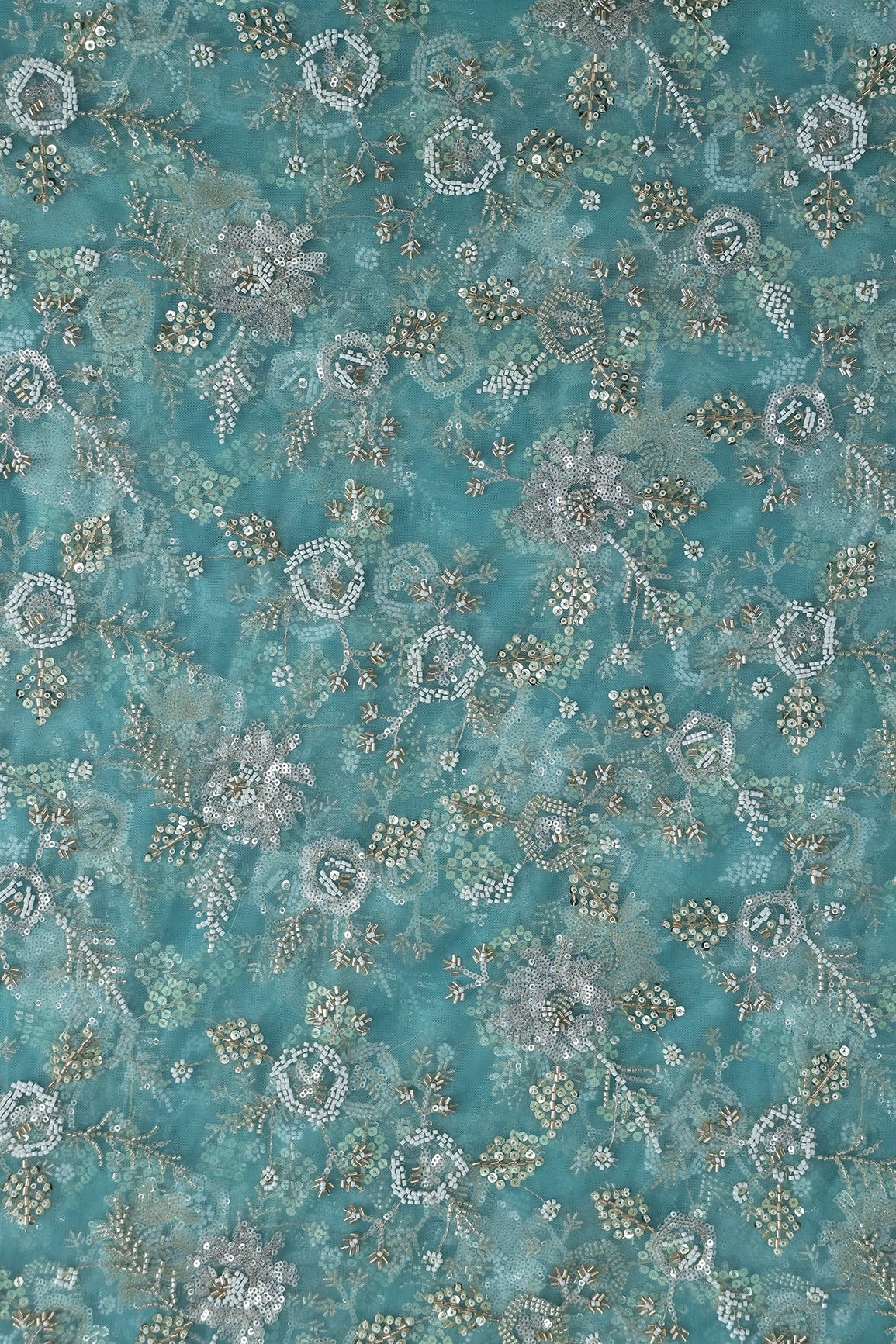 Original Multi Beads Work With Gold And Silver Sequins On Teal Soft Net Fabric