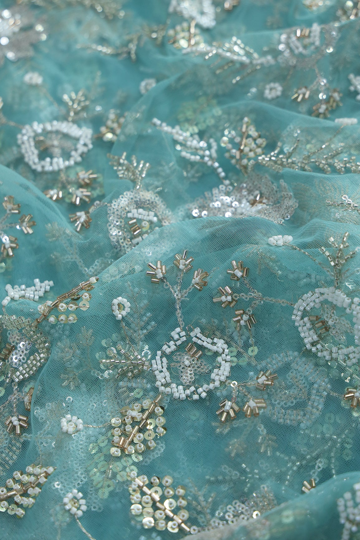 Original Multi Beads Work With Gold And Silver Sequins On Teal Soft Net Fabric