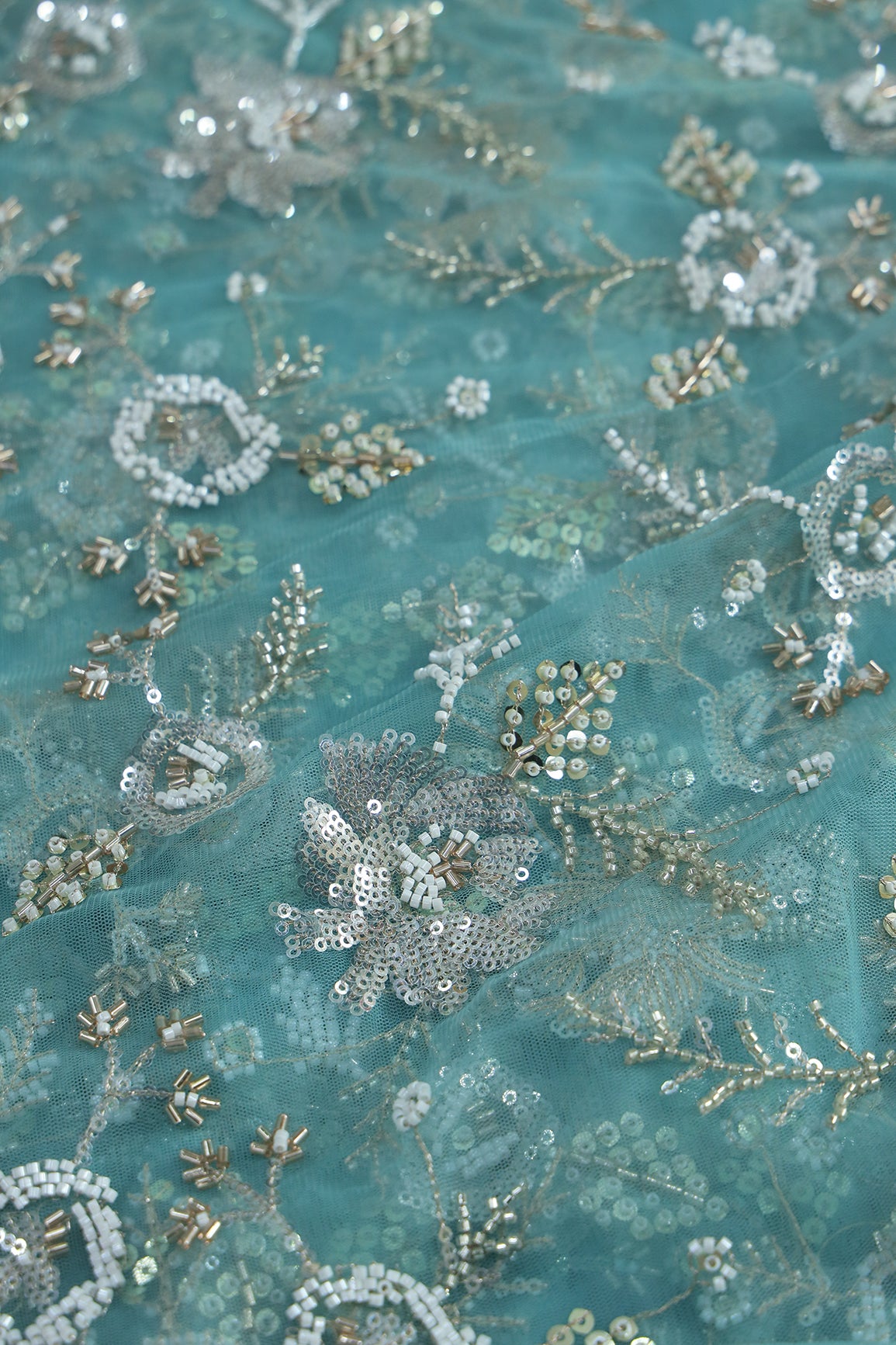 Original Multi Beads Work With Gold And Silver Sequins On Teal Soft Net Fabric