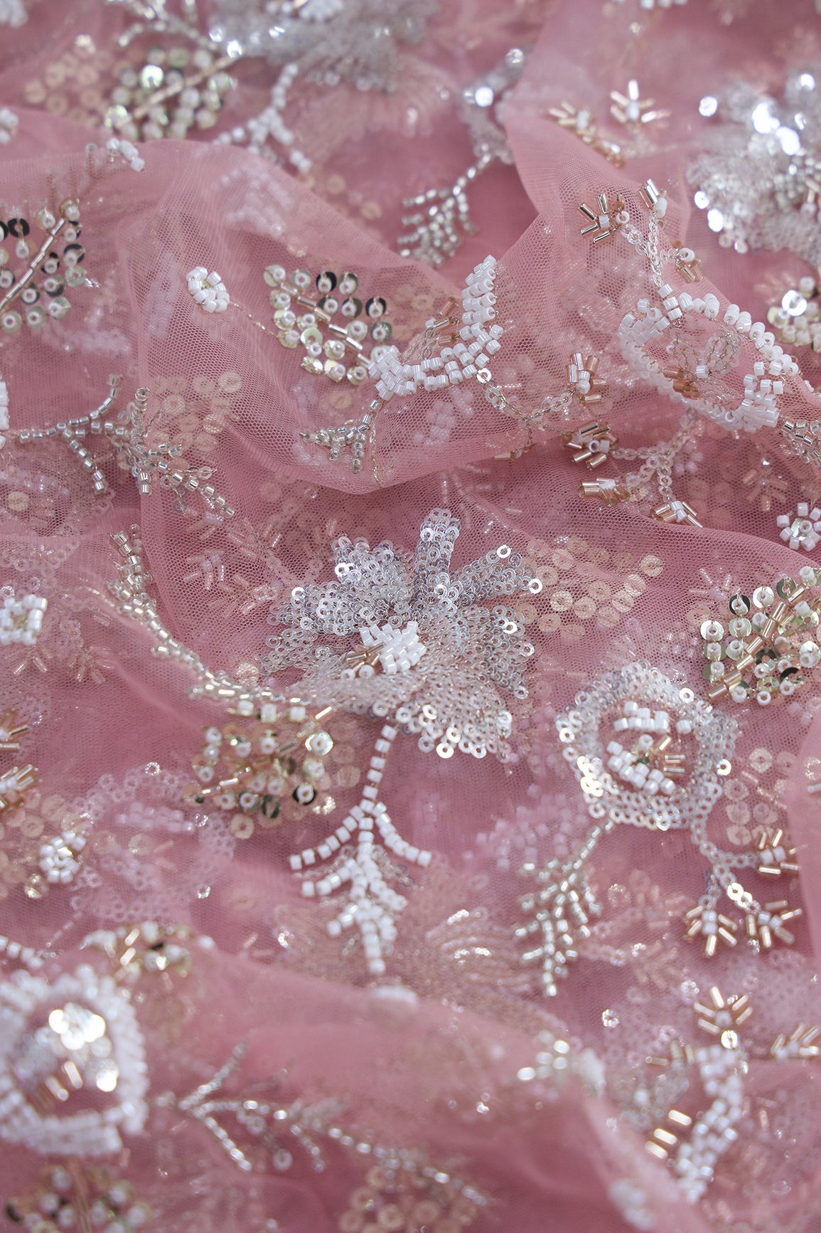 Original Multi Beads Work With Gold And Silver Sequins On Pink Soft Net Fabric