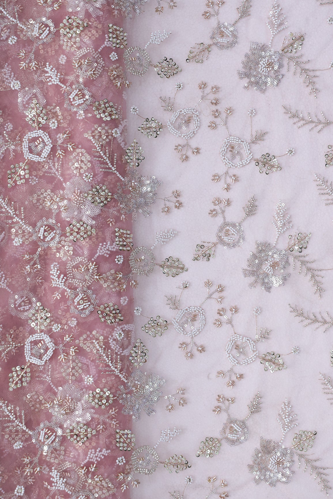 Original Multi Beads Work With Gold And Silver Sequins On Pink Soft Net Fabric