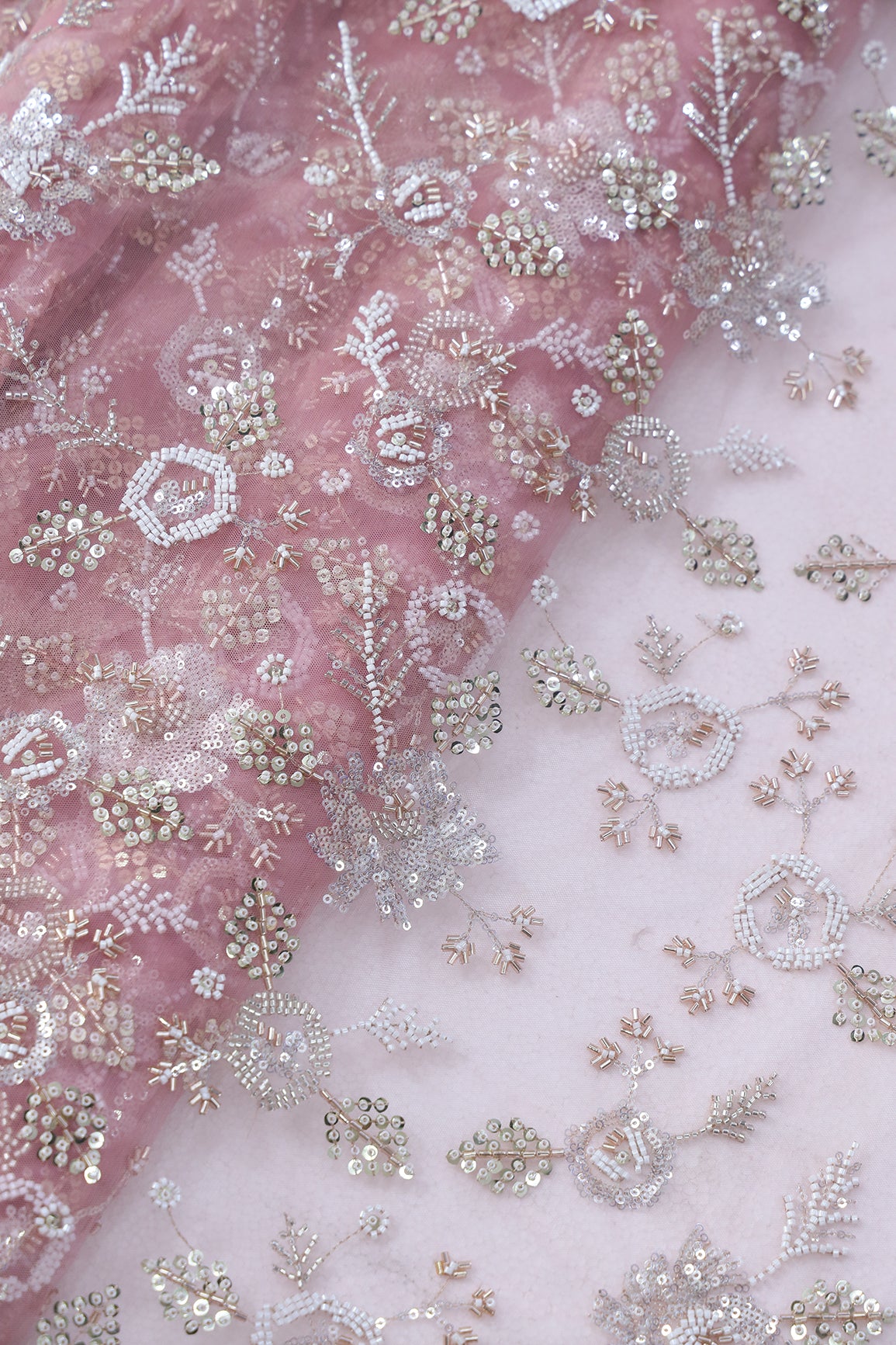 Original Multi Beads Work With Gold And Silver Sequins On Pink Soft Net Fabric