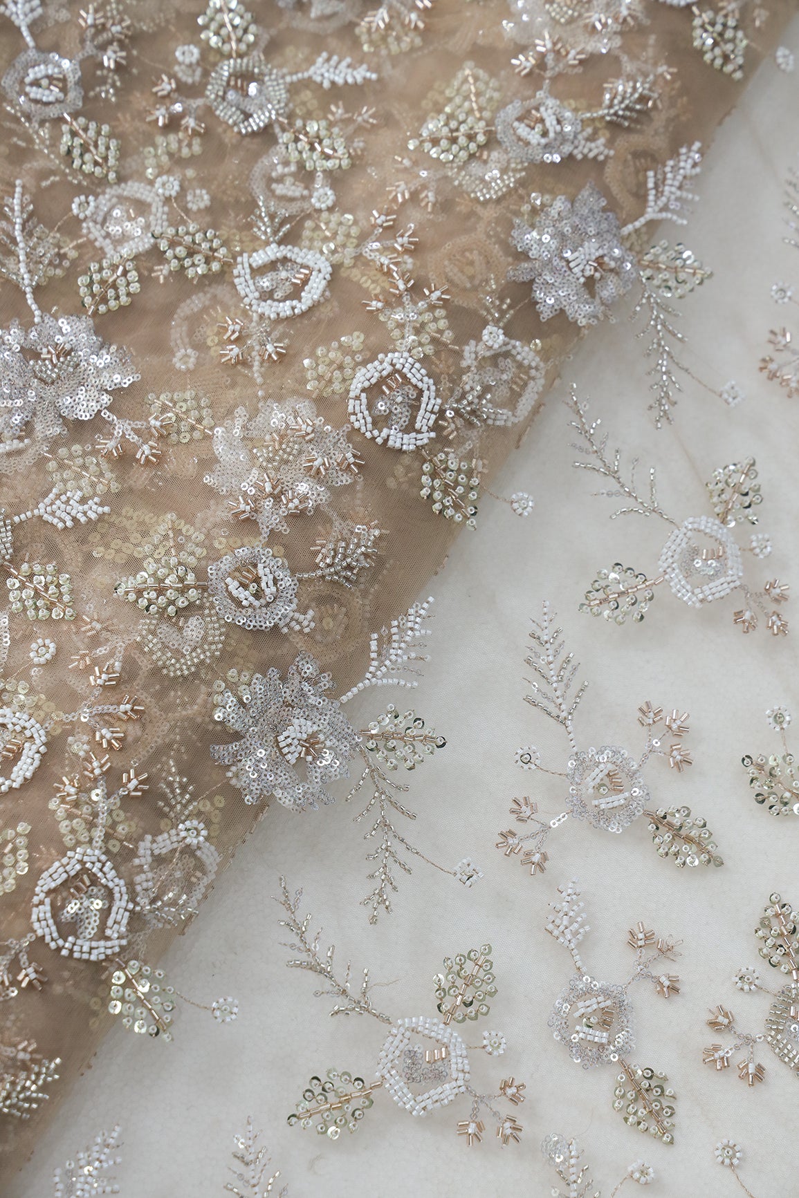 Original Multi Beads Work With Gold And Silver Sequins On Beige Soft Net Fabric