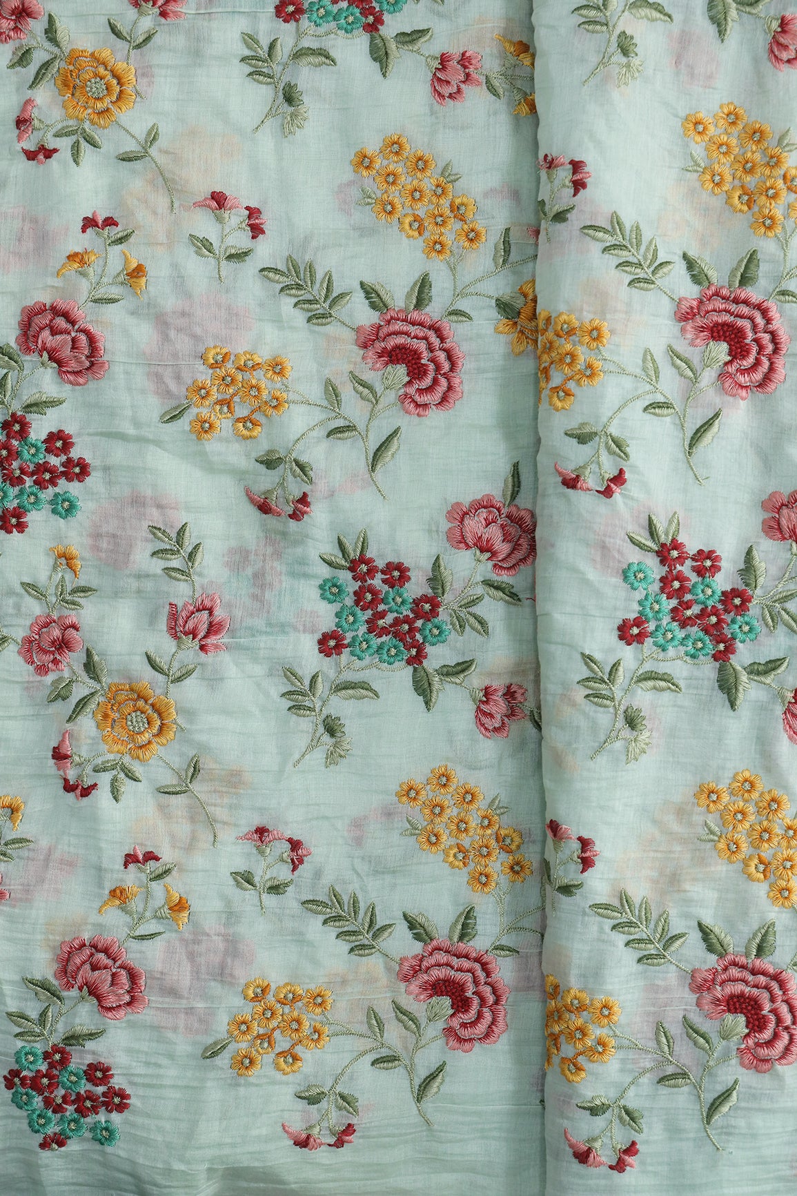 Beautiful Multi Thread Floral Embroidery Work On Sea Green Pure Mul Chanderi Silk Fabric