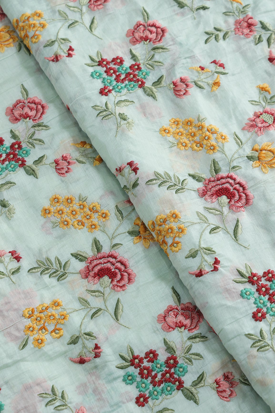 Beautiful Multi Thread Floral Embroidery Work On Sea Green Pure Mul Chanderi Silk Fabric