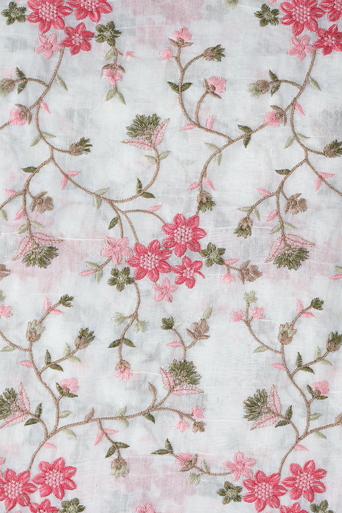 Beautiful Multi Thread Floral Embroidery Work On Off White Pure Mul Chanderi Silk Fabric
