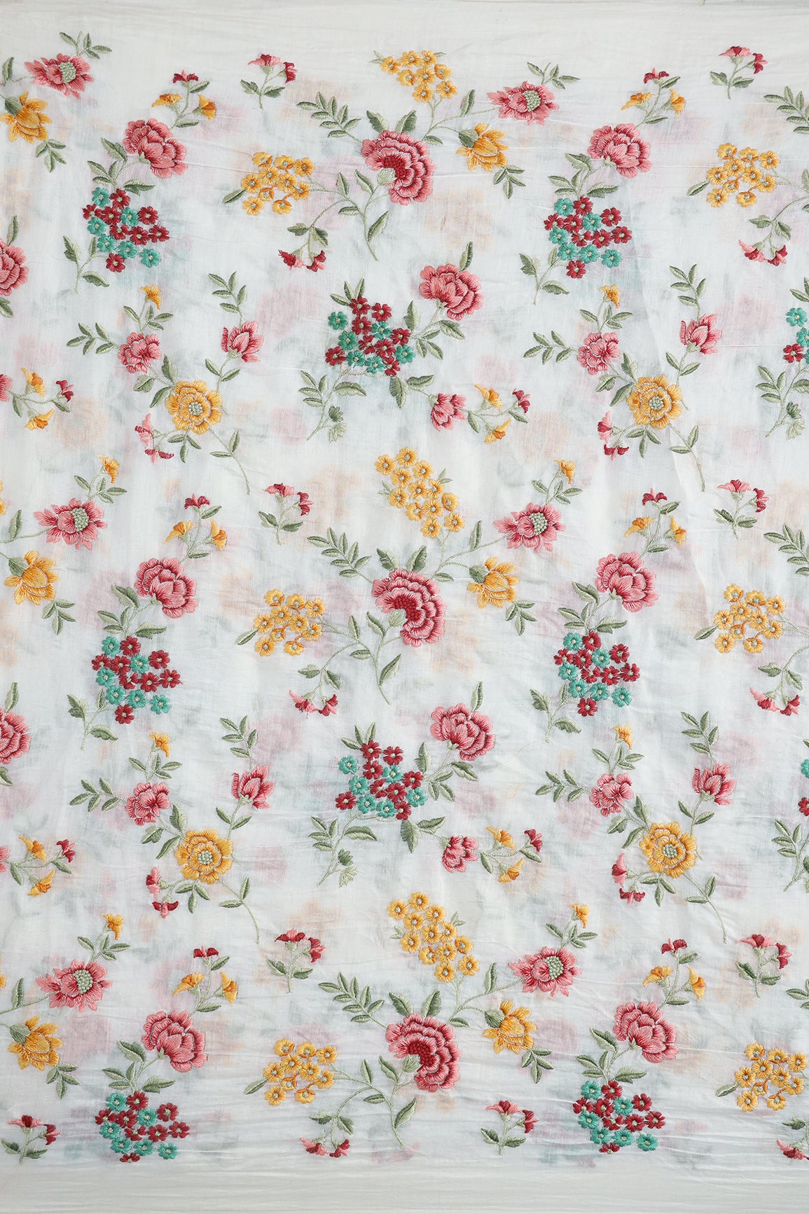 Beautiful Multi Thread Floral Embroidery Work On Off White Pure Mul Chanderi Silk Fabric