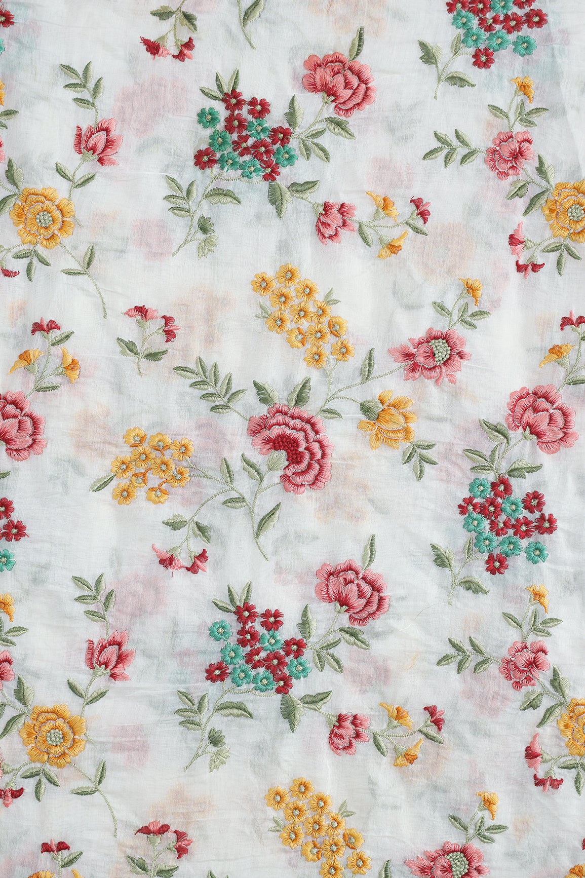 Beautiful Multi Thread Floral Embroidery Work On Off White Pure Mul Chanderi Silk Fabric