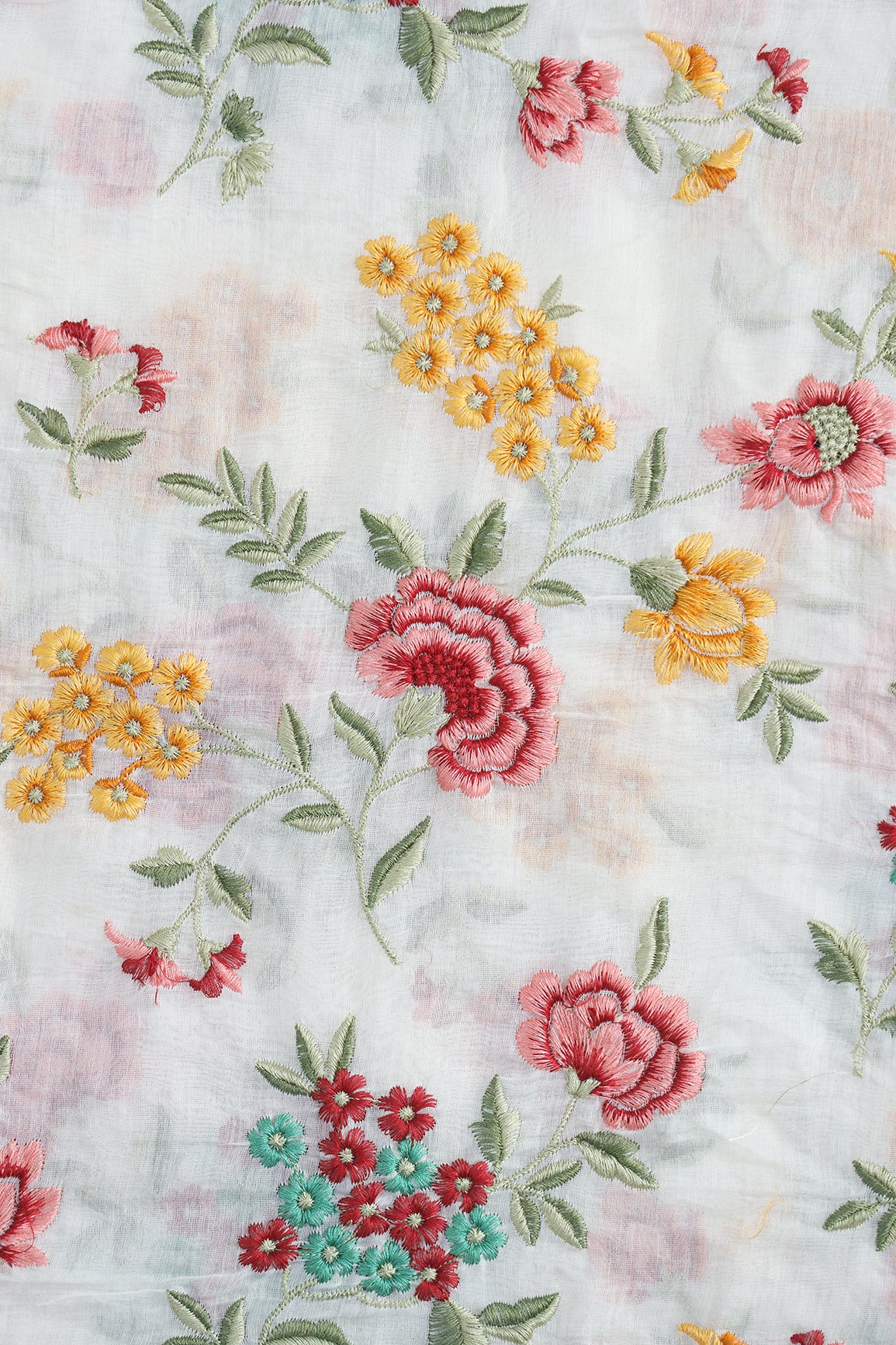 Beautiful Multi Thread Floral Embroidery Work On Off White Pure Mul Chanderi Silk Fabric