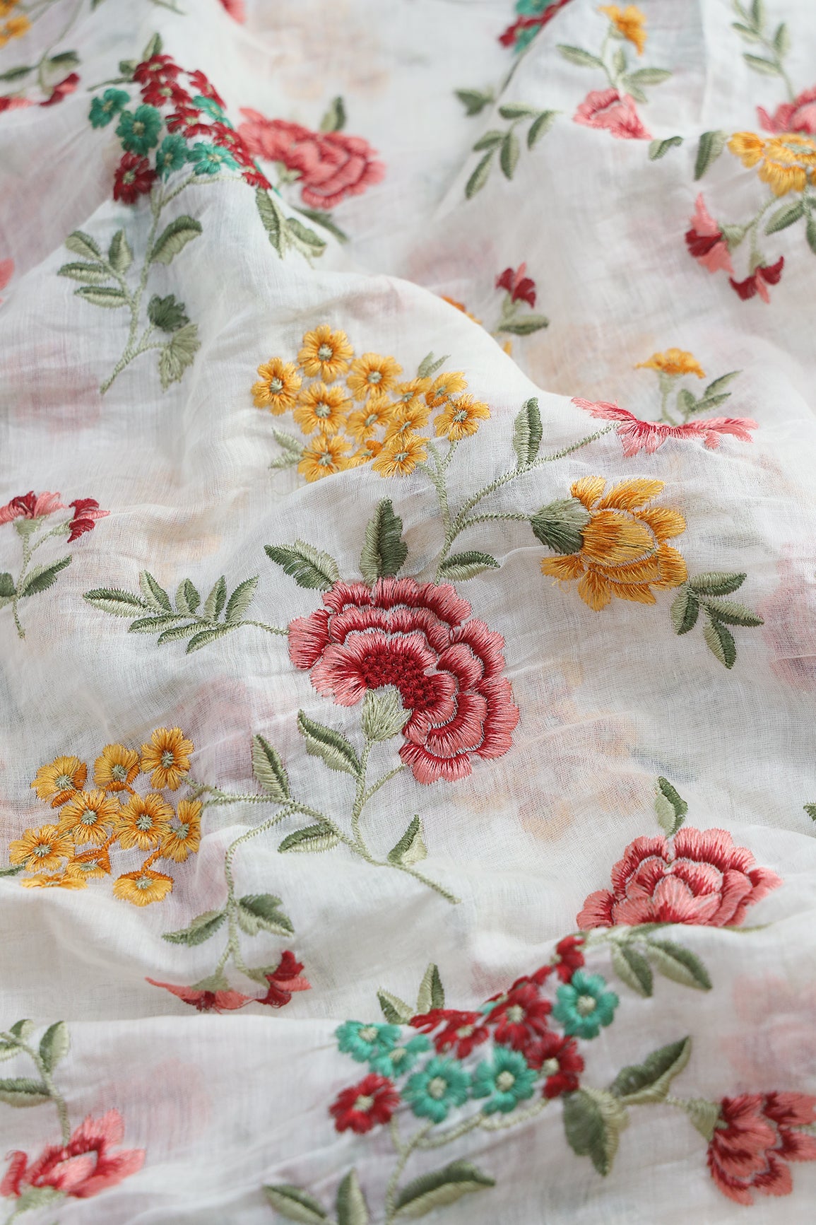 Beautiful Multi Thread Floral Embroidery Work On Off White Pure Mul Chanderi Silk Fabric