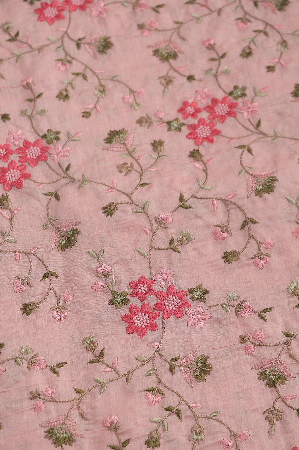 Beautiful Multi Thread Floral Embroidery Work On Gajri Pure Mul Chanderi Silk Fabric