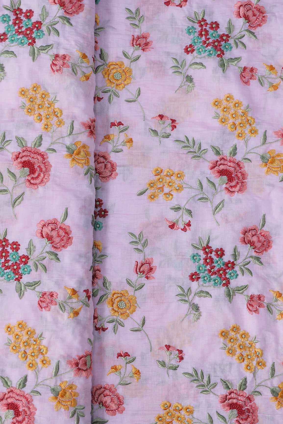 Beautiful Multi Thread Floral Embroidery Work On Pink Pure Mul Chanderi Silk Fabric