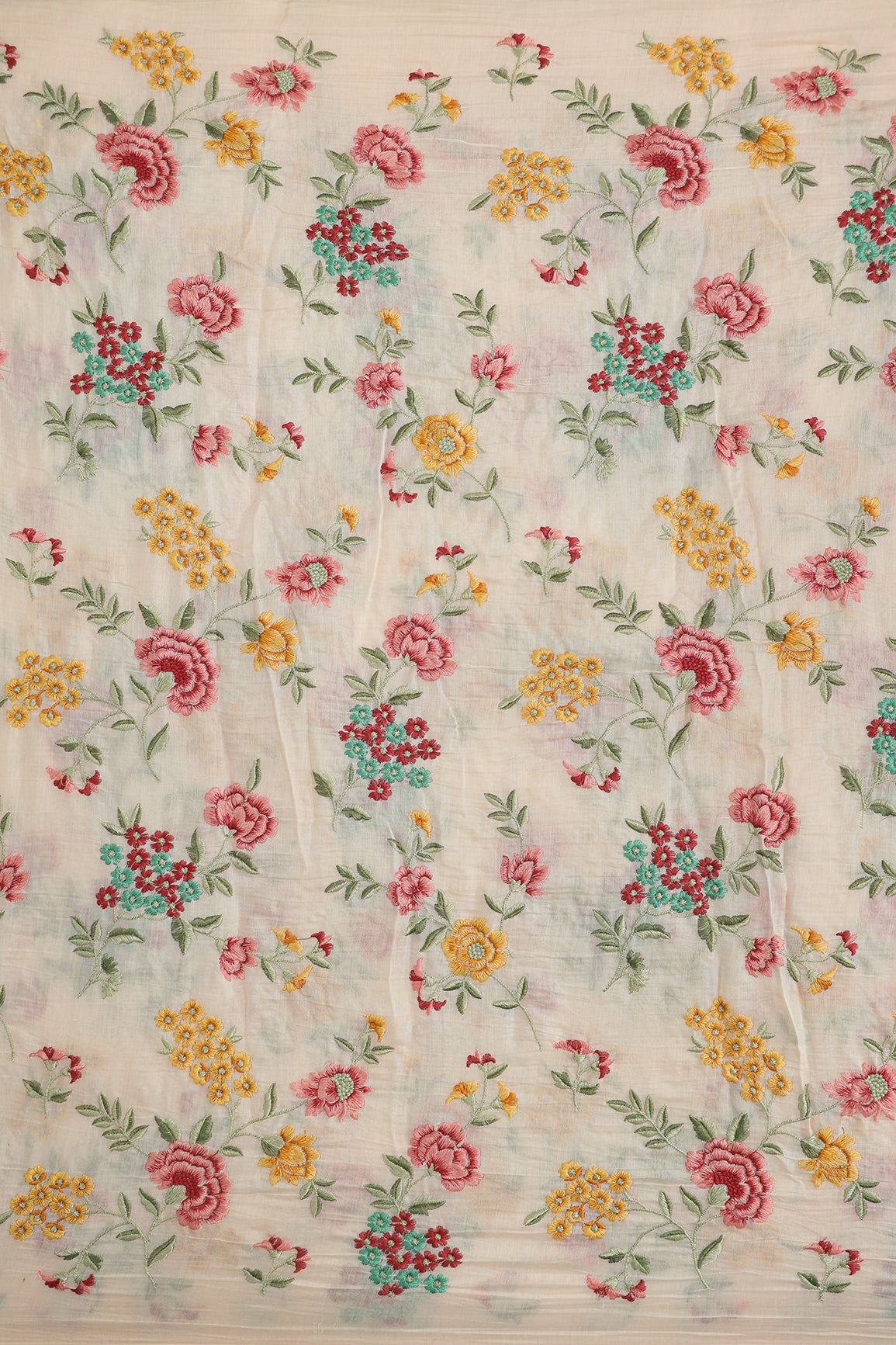 Beautiful Multi Thread Floral Embroidery Work On Peach Pure Mul Chanderi Silk Fabric