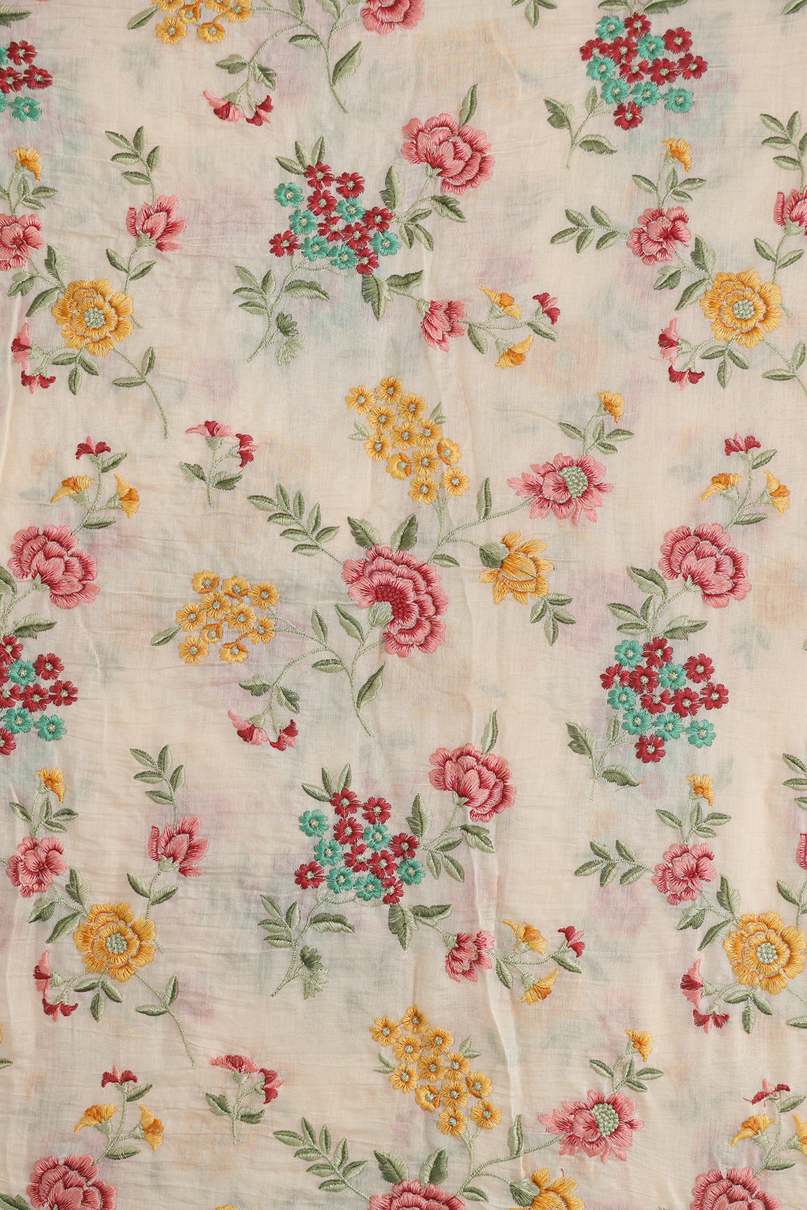 Beautiful Multi Thread Floral Embroidery Work On Peach Pure Mul Chanderi Silk Fabric