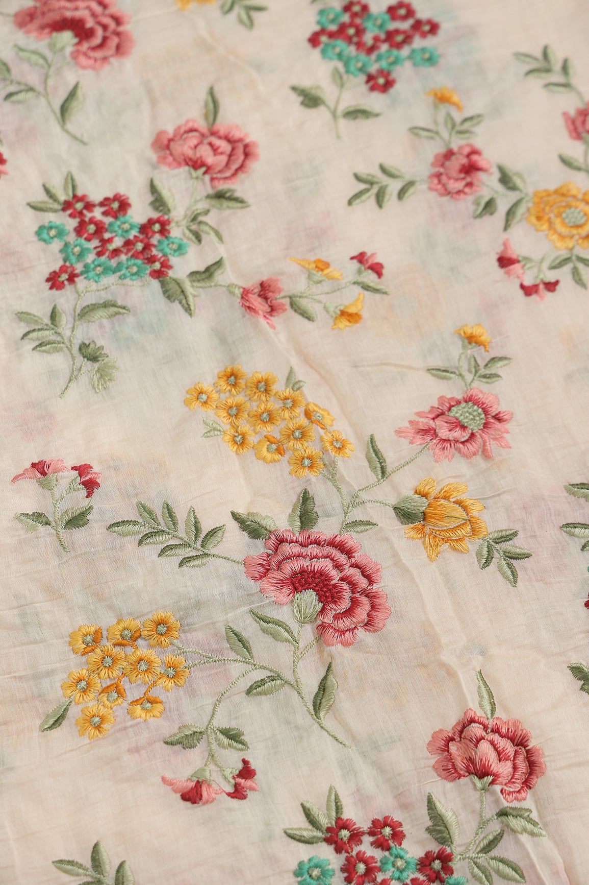 Beautiful Multi Thread Floral Embroidery Work On Peach Pure Mul Chanderi Silk Fabric